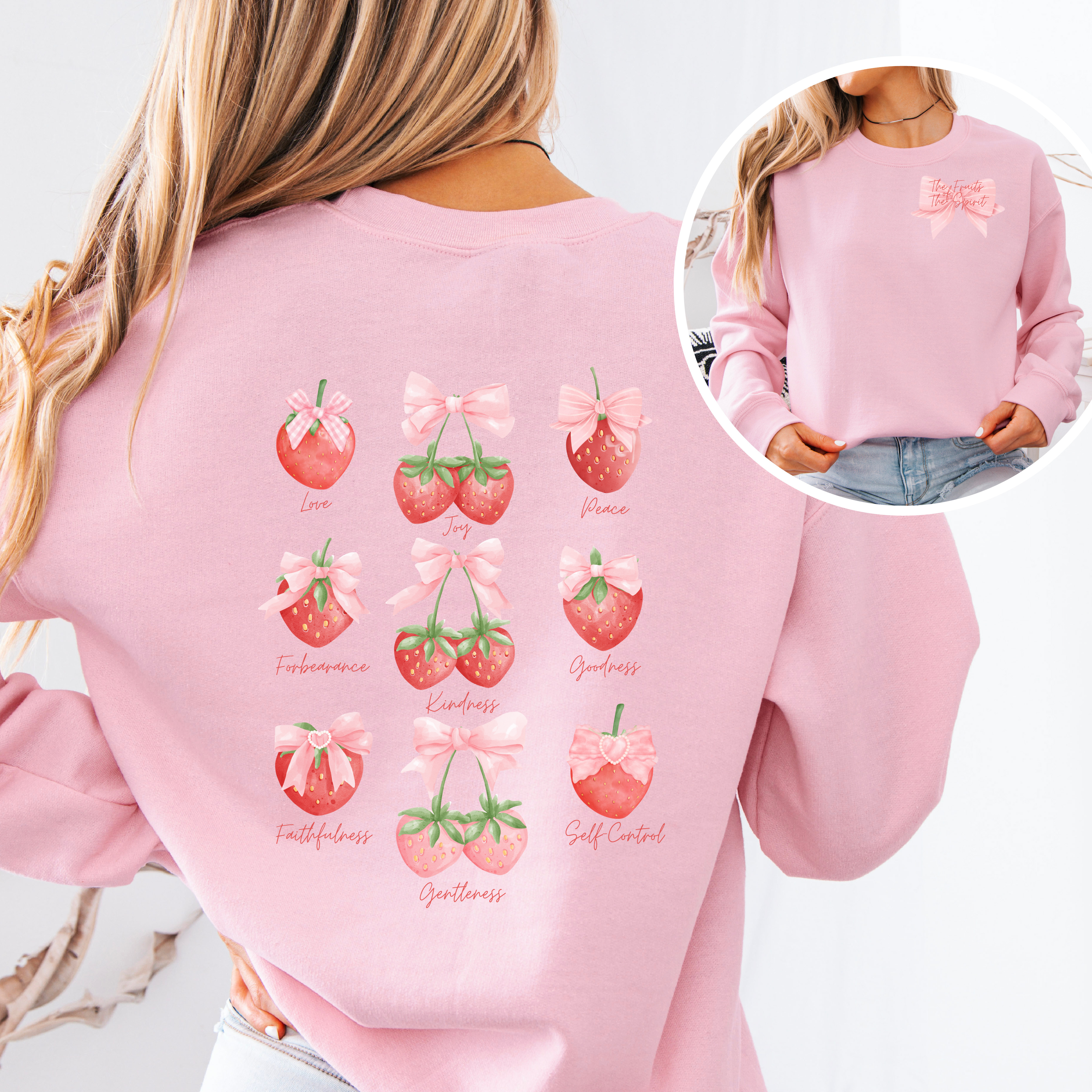 Fruit Of The Spirit, Cute Coquette Strawberry Sweater, Crewneck Sweatshirt - Perfect for Valentine's Day & Everyday Comfort product thumbnail image Fruit Of The Spirit, Cute Coquette Strawberry Sweater, Crewneck Sweatshirt - Perfect for Valentine's Day & Everyday Comfort product thumbnail image