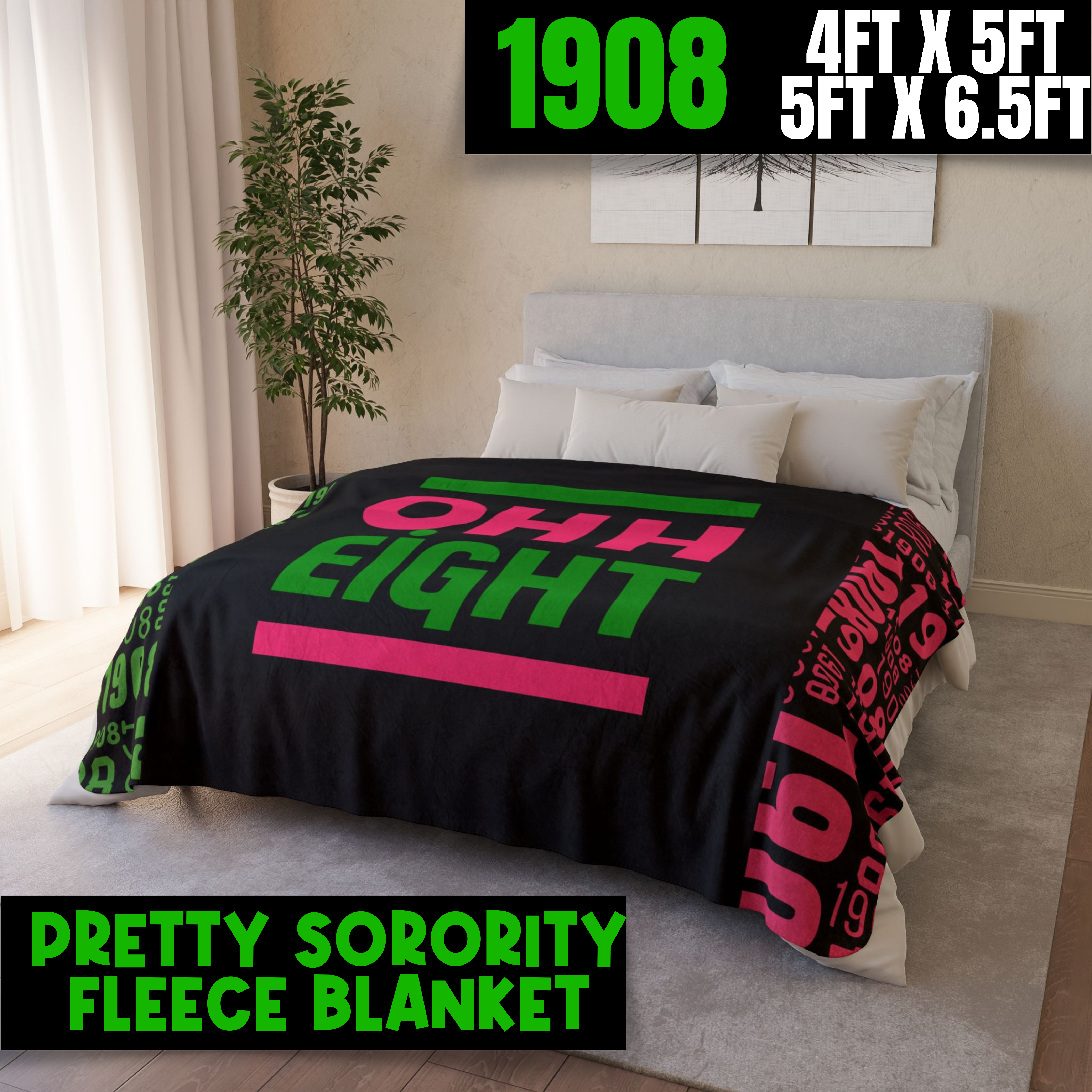 Pretty Sorority OHH Eight Design Blanket - Pink & Green Cozy Fleece Sherpa Pretty Sorority OHH Eight Design Blanket - Pink & Green Cozy Fleece Sherpa