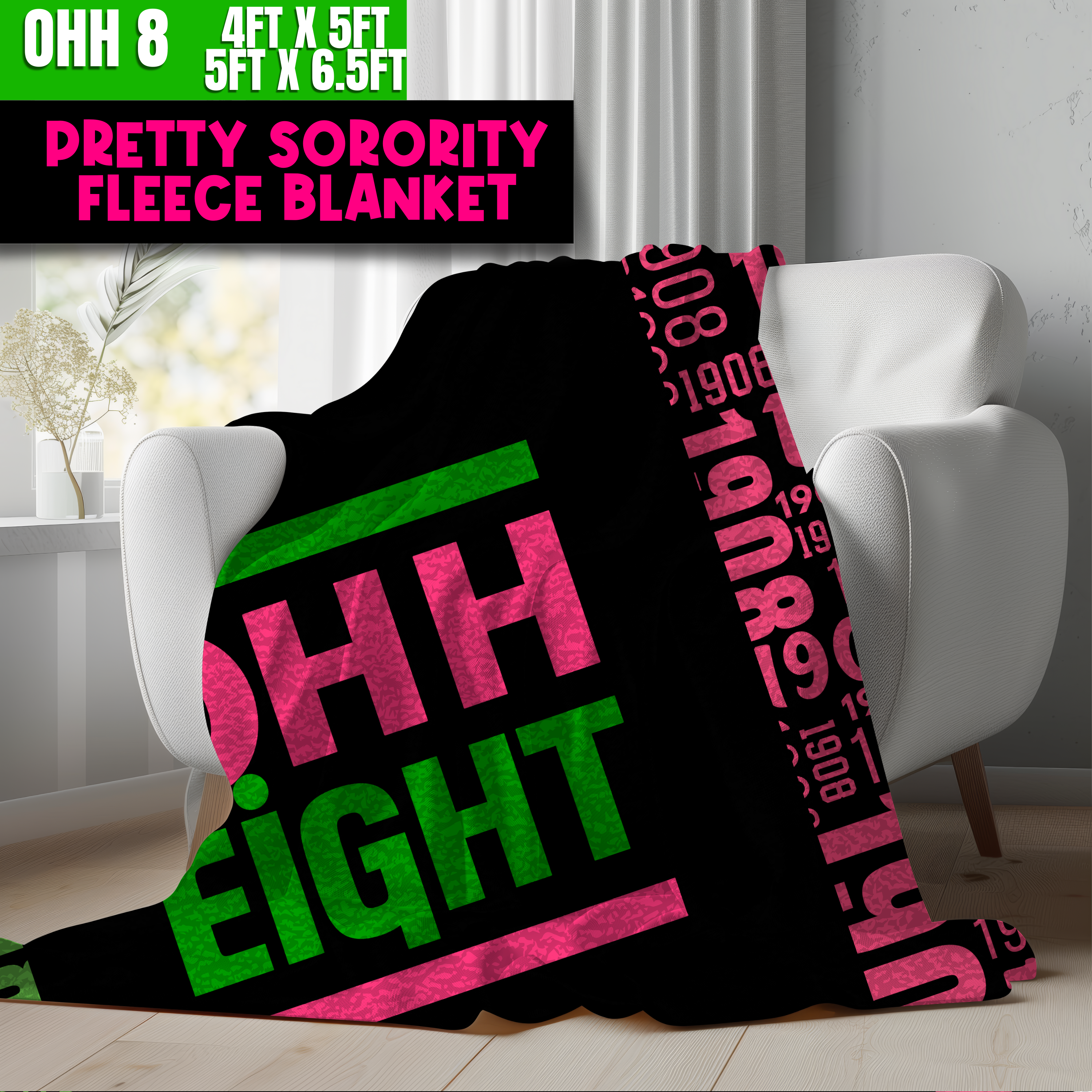 Pretty Sorority OHH Eight Design Blanket - Pink & Green Cozy Fleece Sherpa product thumbnail image Pretty Sorority OHH Eight Design Blanket - Pink & Green Cozy Fleece Sherpa product thumbnail image