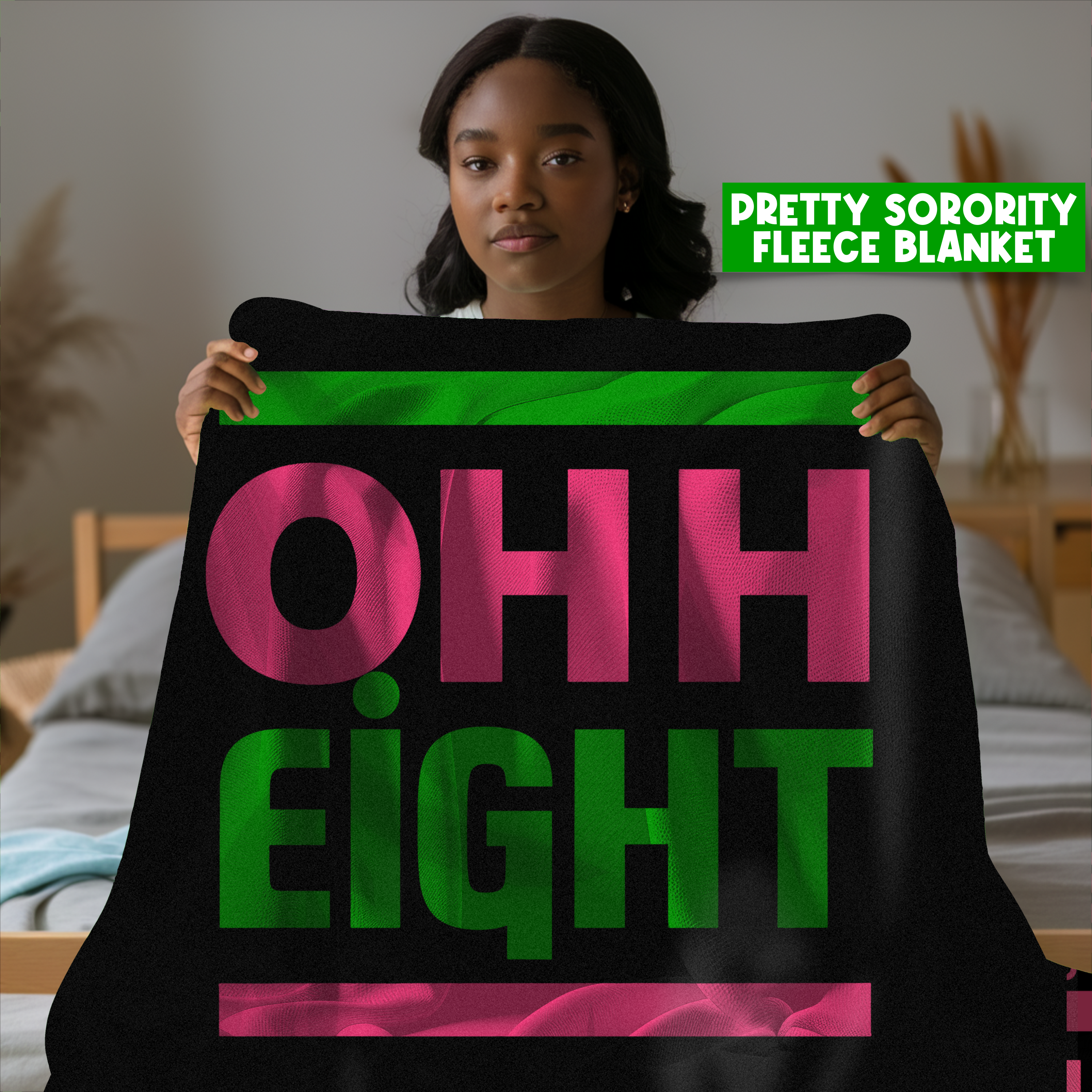 Pretty Sorority OHH Eight Design Blanket - Pink & Green Cozy Fleece Sherpa product thumbnail image Pretty Sorority OHH Eight Design Blanket - Pink & Green Cozy Fleece Sherpa product thumbnail image