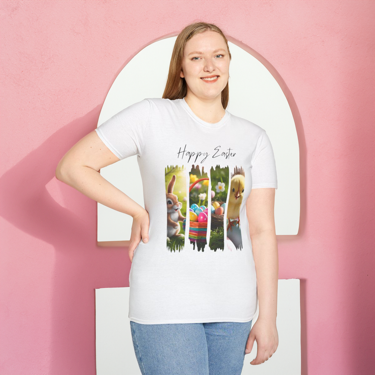 Happy Easter Unisex Softstyle T-Shirt Cute Bunny & Chick Design product thumbnail image Happy Easter Unisex Softstyle T-Shirt Cute Bunny & Chick Design product thumbnail image
