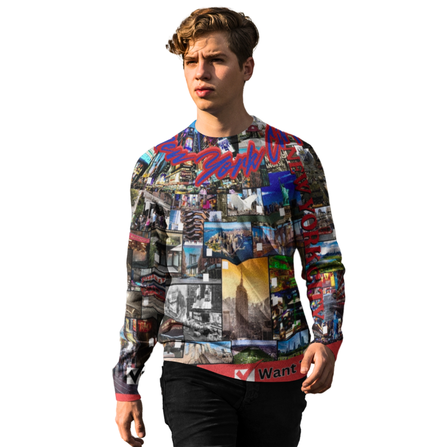 One-of-a-kind, interactive Men's Crewneck Long Sleeved, NYC Collage, pullover! - Unique Graphic / Sport Pullover Top makes the Epic Gift(s)! product thumbnail image One-of-a-kind, interactive Men's Crewneck Long Sleeved, NYC Collage, pullover! - Unique Graphic / Sport Pullover Top makes the Epic Gift(s)! product thumbnail image