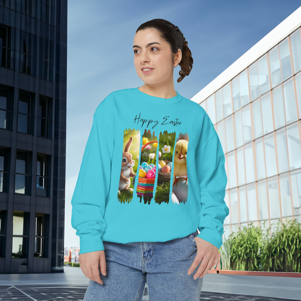 Happy Easter Unisex Garment-Dyed Sweatshirt - Cute Bunny & Chick Design Happy Easter Unisex Garment-Dyed Sweatshirt - Cute Bunny & Chick Design