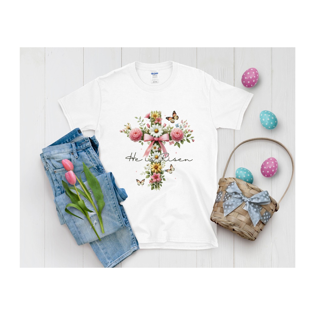 Easter Floral Cross He is Risen Unisex T-Shirt for Spring Celebrations product thumbnail image Easter Floral Cross He is Risen Unisex T-Shirt for Spring Celebrations product thumbnail image