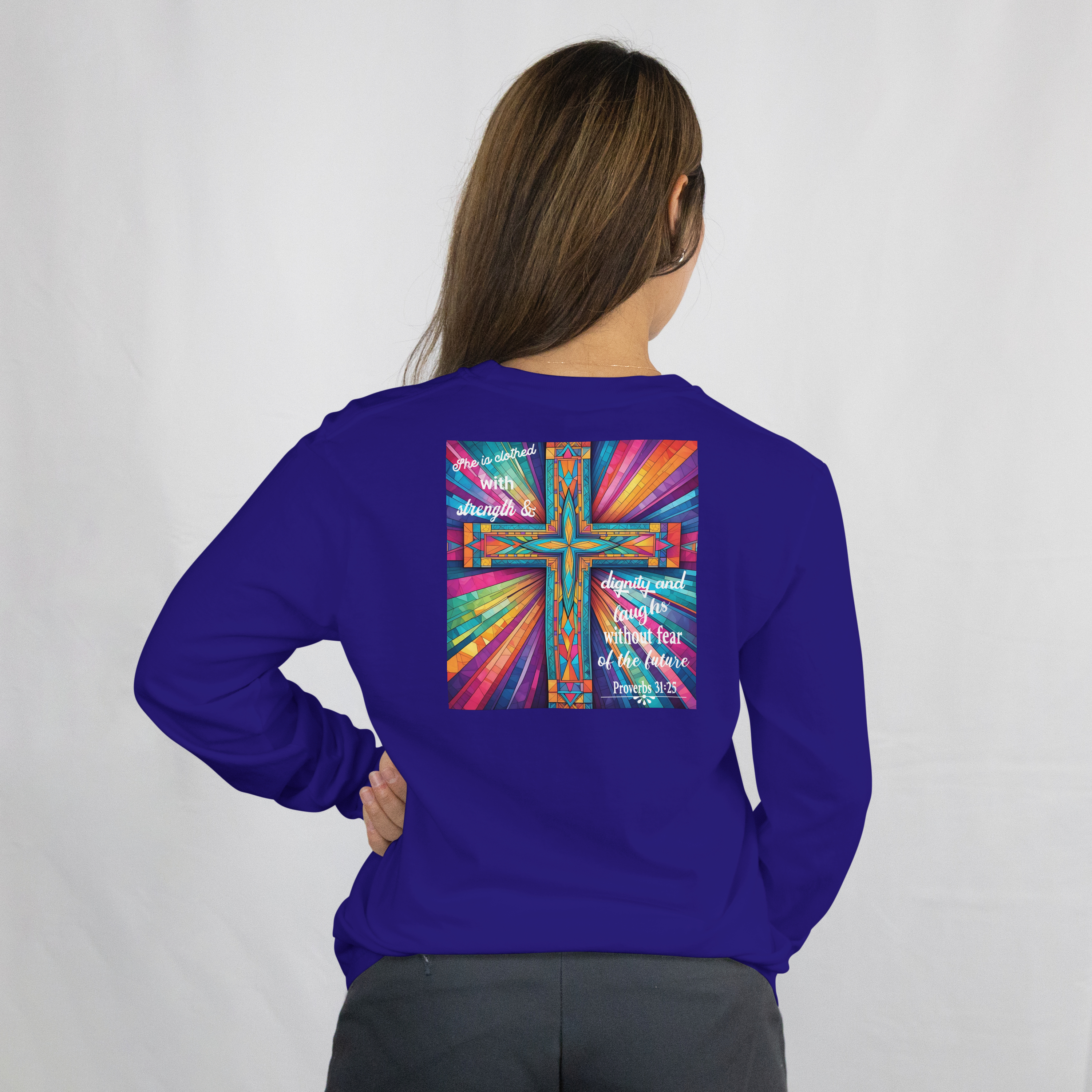 Womens Inspirational Long Sleeve T-Shirt Front and Back Design - "She is Clothed with Strength & Dignity" Proverbs 31:25 product thumbnail image Womens Inspirational Long Sleeve T-Shirt Front and Back Design - "She is Clothed with Strength & Dignity" Proverbs 31:25 product thumbnail image