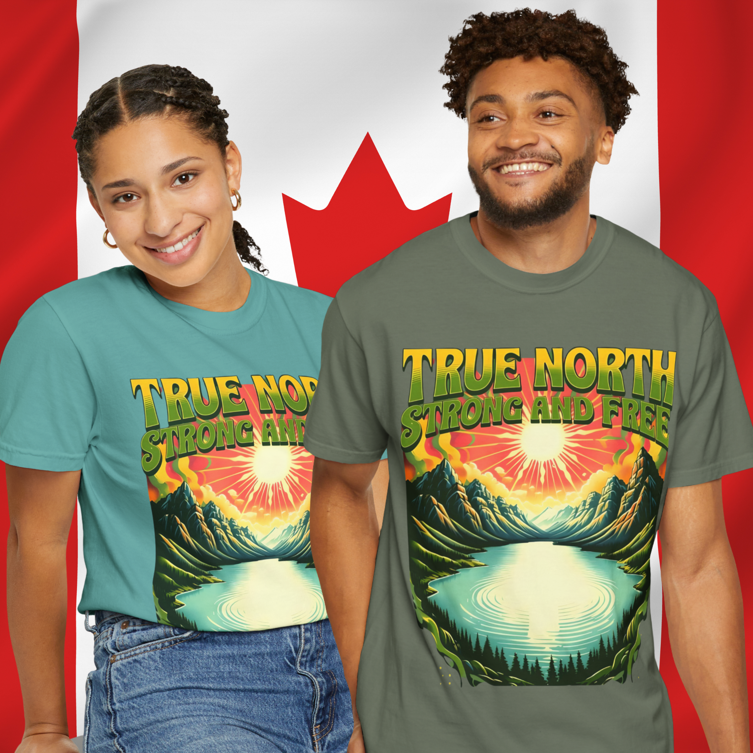 Oh Canada! True North Strong &amp; Free Vintage Canadian Pride T-Shirt - Tee, Retro Style Scenic Mountain Shirt, Outdoor Adventure Tee, Unisex Garment-Dyed Tee