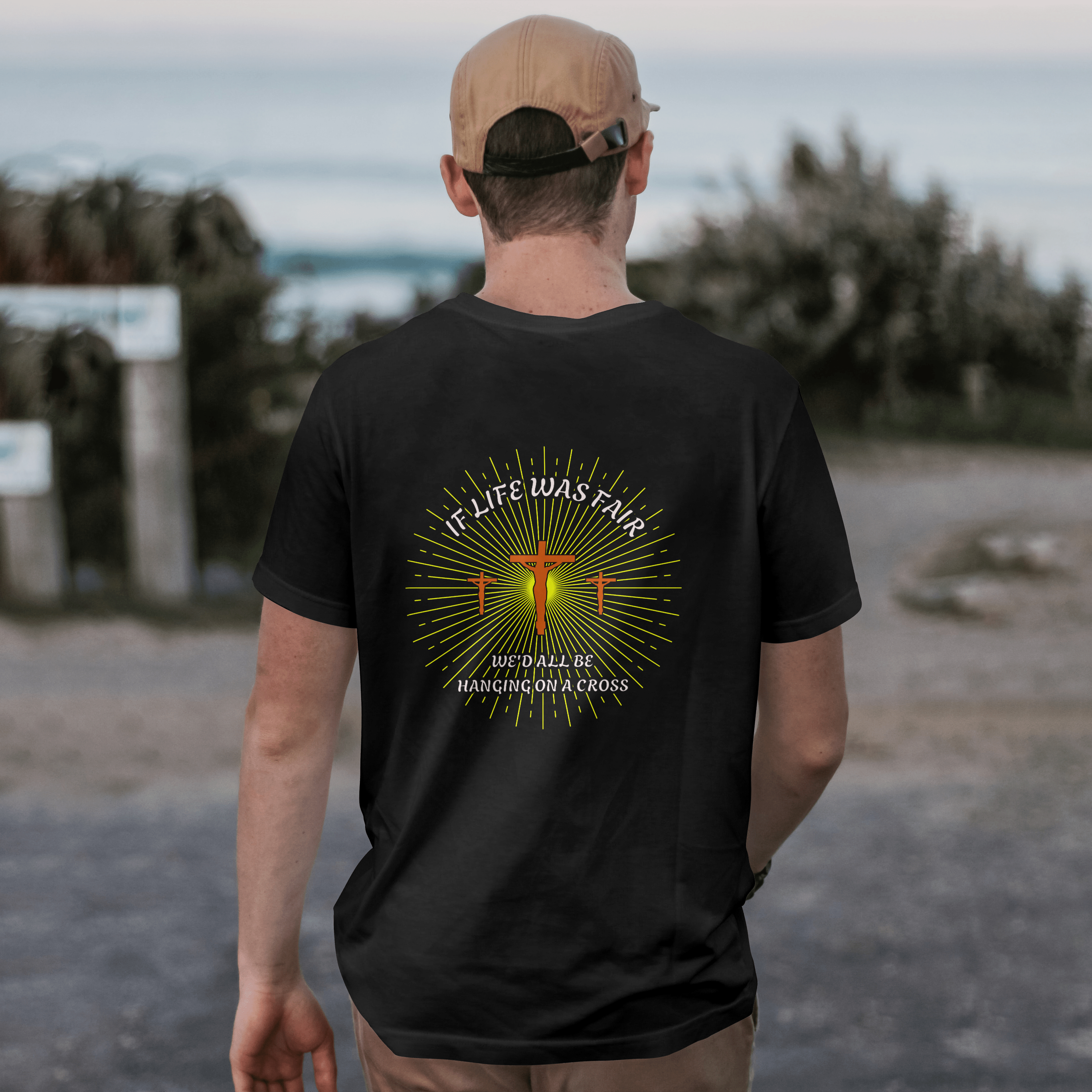 Inspirational Christian 'If Life Was Fair We'd All Be On A Cross' Unisex Softstyle T-Shirt Front and Back Design product thumbnail image Inspirational Christian 'If Life Was Fair We'd All Be On A Cross' Unisex Softstyle T-Shirt Front and Back Design product thumbnail image