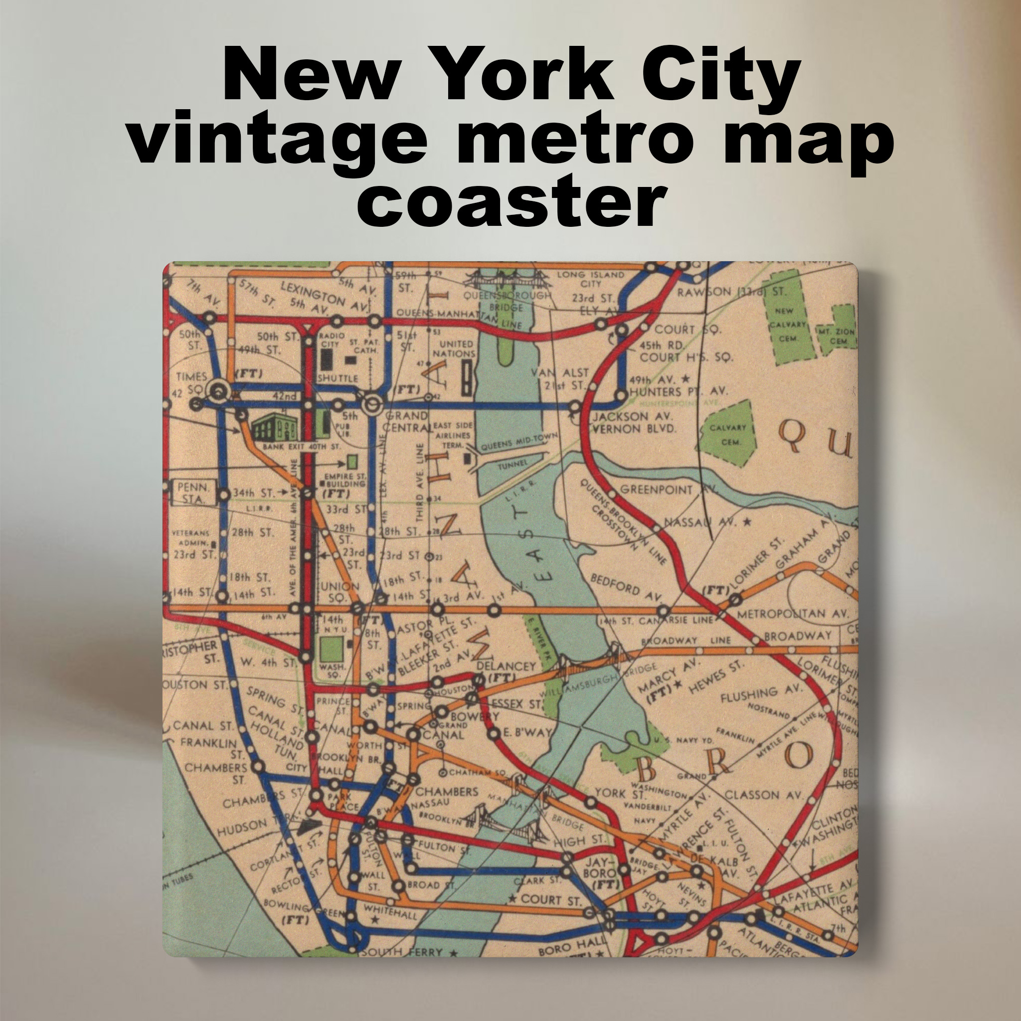 NYC Vintage Metro Map Ceramic Coaster | Travel Gifts NYC Vintage Metro Map Ceramic Coaster | Travel Gifts