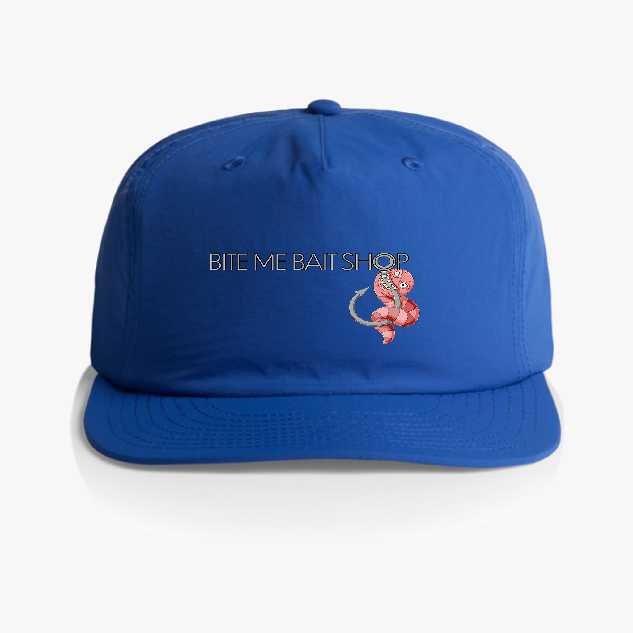 Cap - Bite Me Bait Shop Cartoon Worm and Hook Design