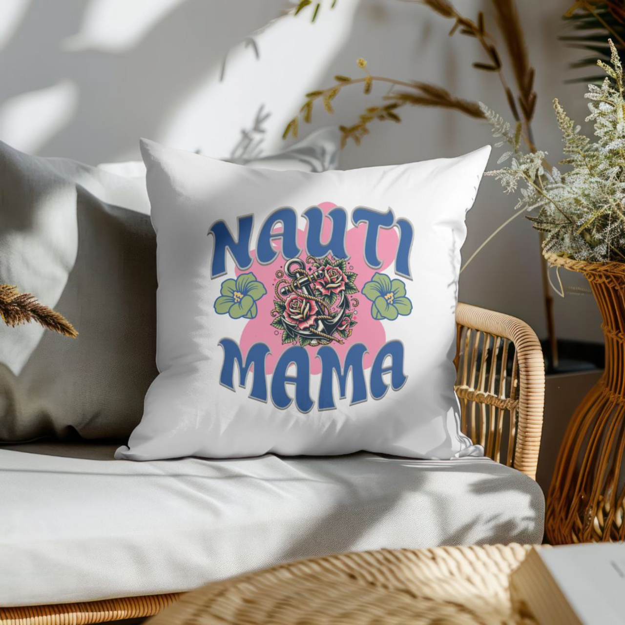 Pillow - NAUTI MAMA Anchor with Flowers Design - White