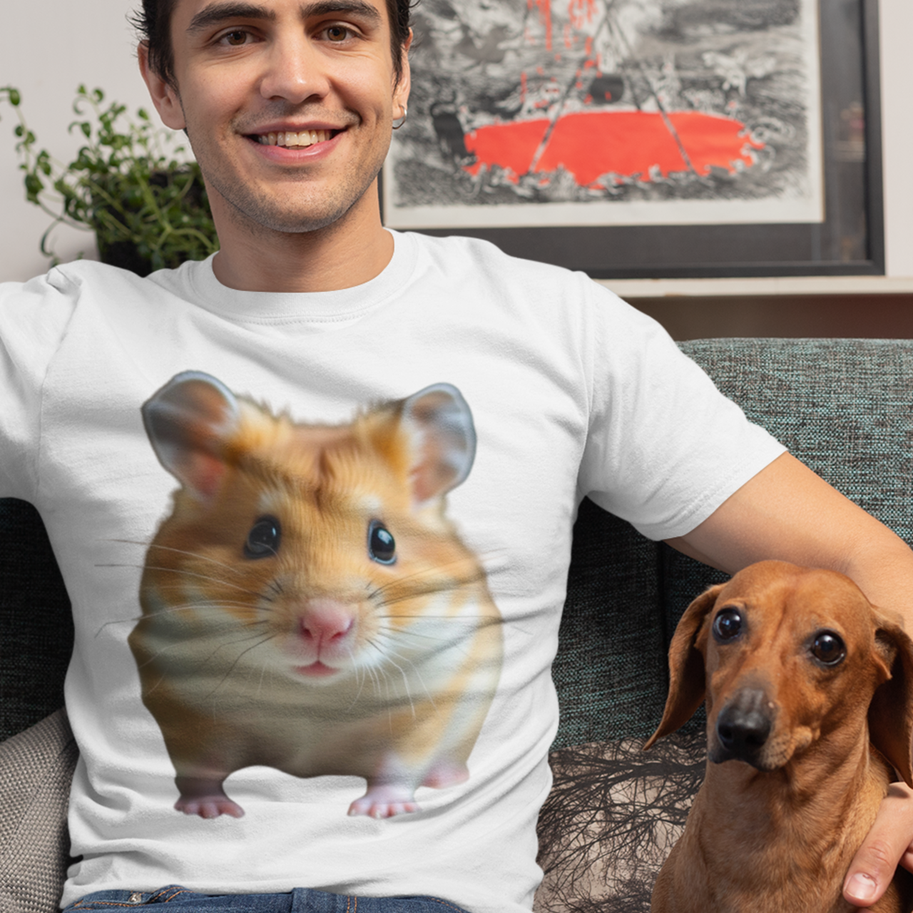 Pet Collection Hamster Face Garment-Dyed T-shirt, Cute Animal Lover Tee, Rodent Graphic Shirt, Casual Top for Men Women, Customizable Outfit product thumbnail image