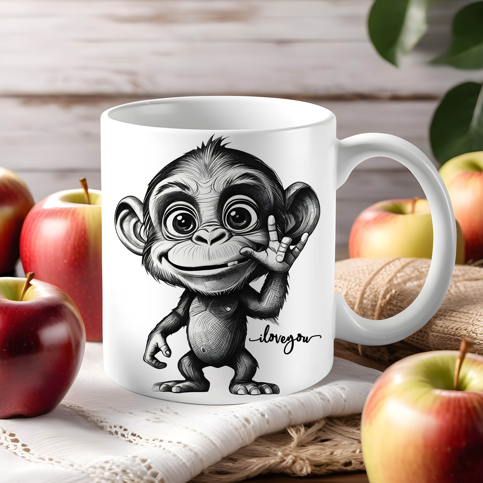 Pencil Drawing Monkey ASL American Sign Language ILY I Love You Ceramic Mug, (11oz, 15oz)