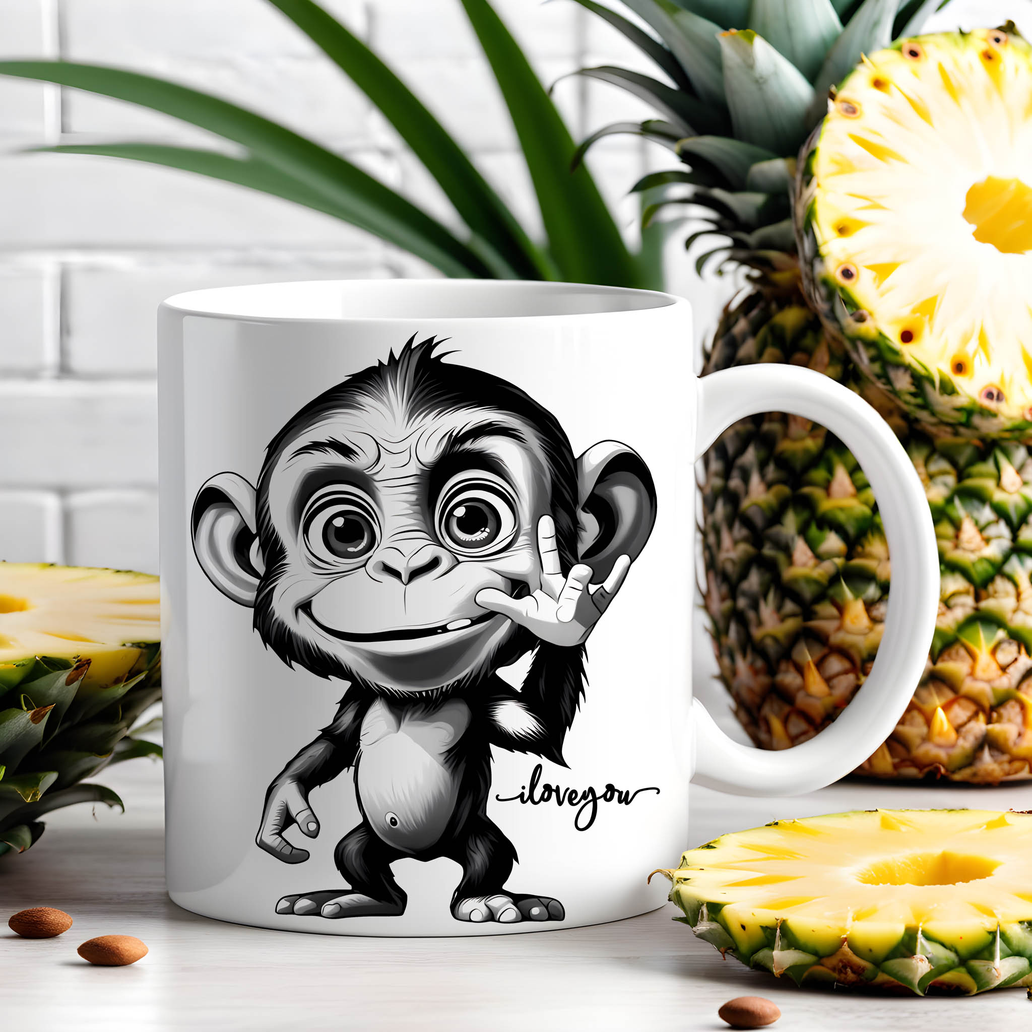 Bold Pencil Drawing Monkey ASL American Sign Language ILY I Love You Ceramic Mug, (11oz, 15oz)
