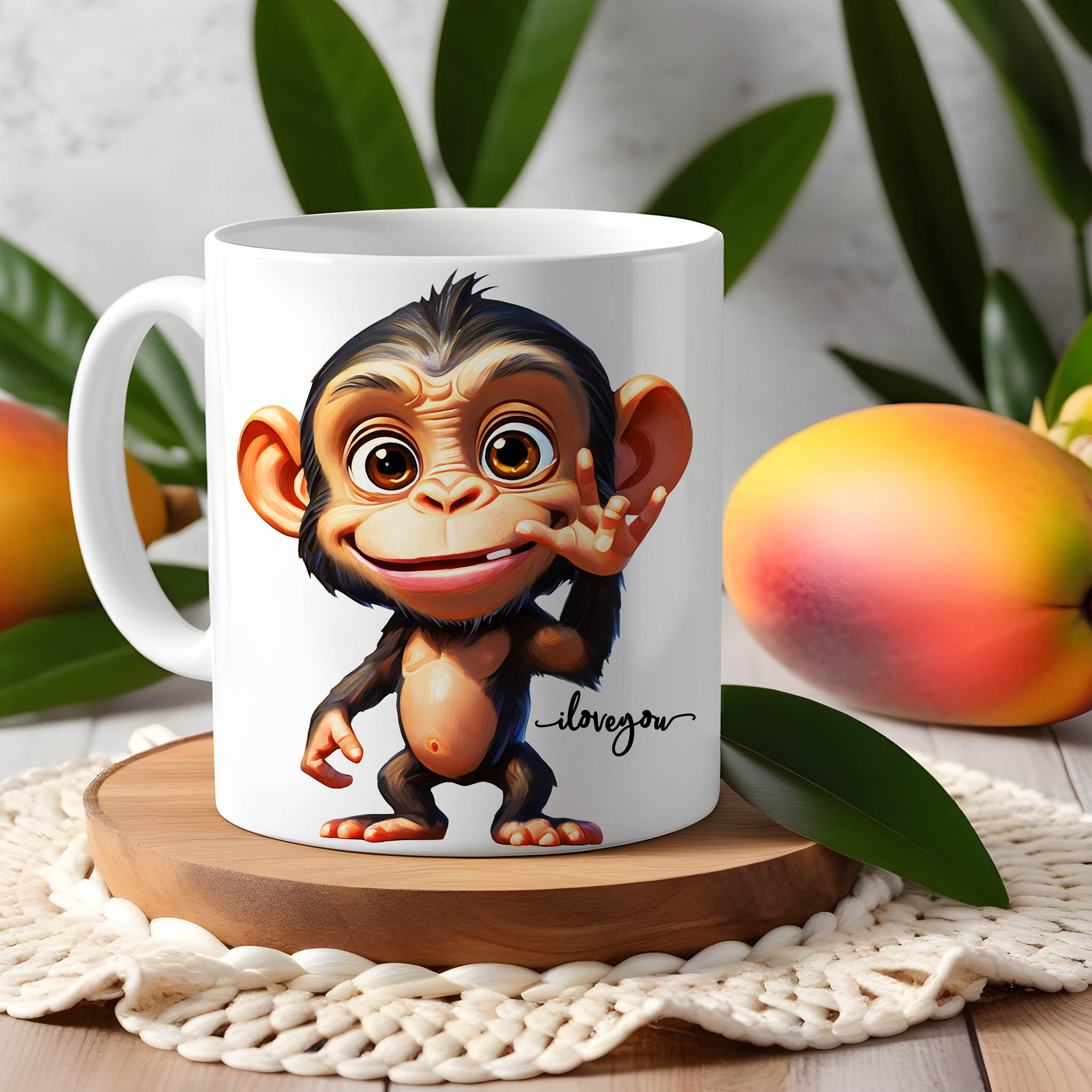 Watercolor Monkey ASL American Sign Language ILY I Love You Ceramic Mug, (11oz, 15oz)