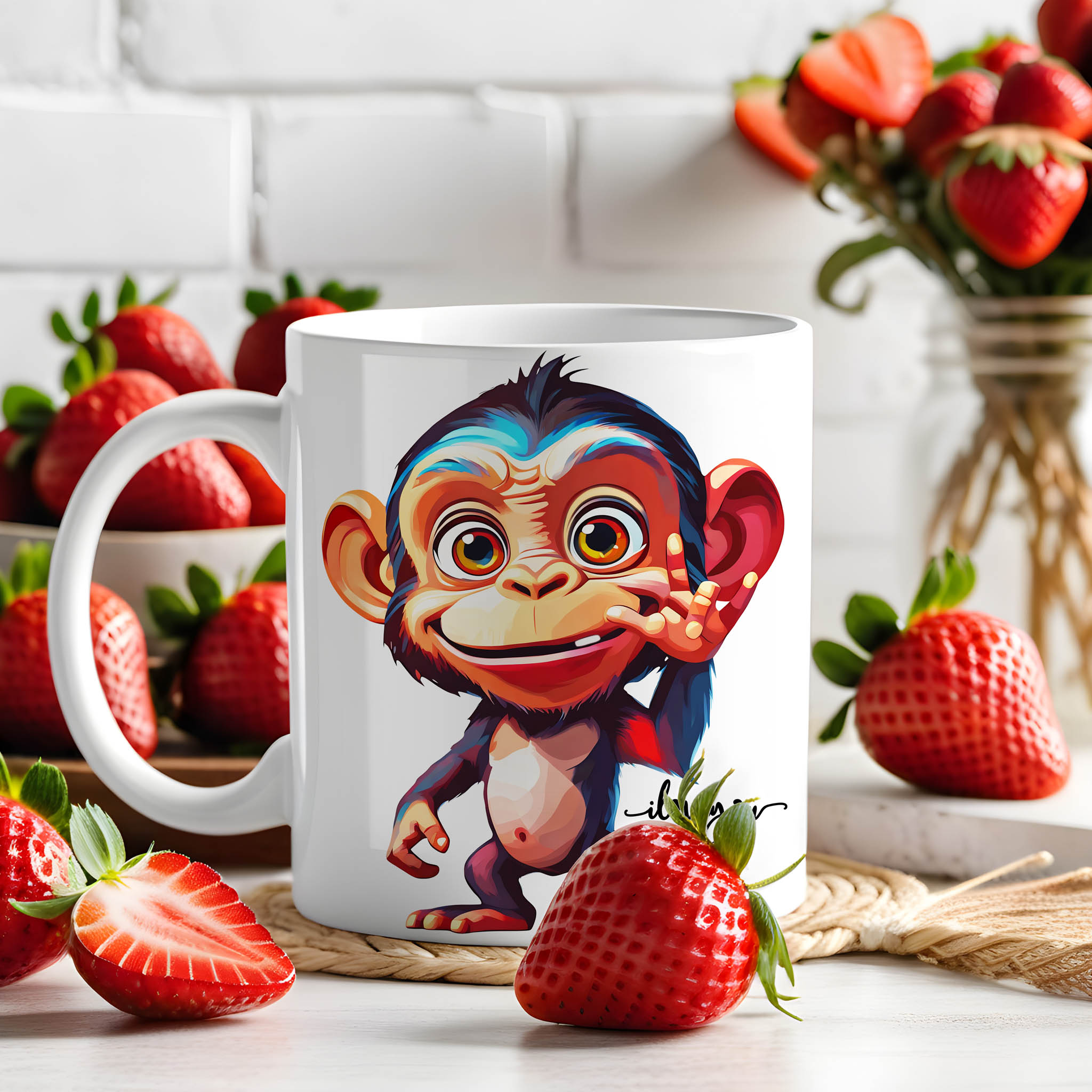 Comic Cartoon Monkey ASL American Sign Language ILY I Love You Ceramic Mug, (11oz, 15oz)