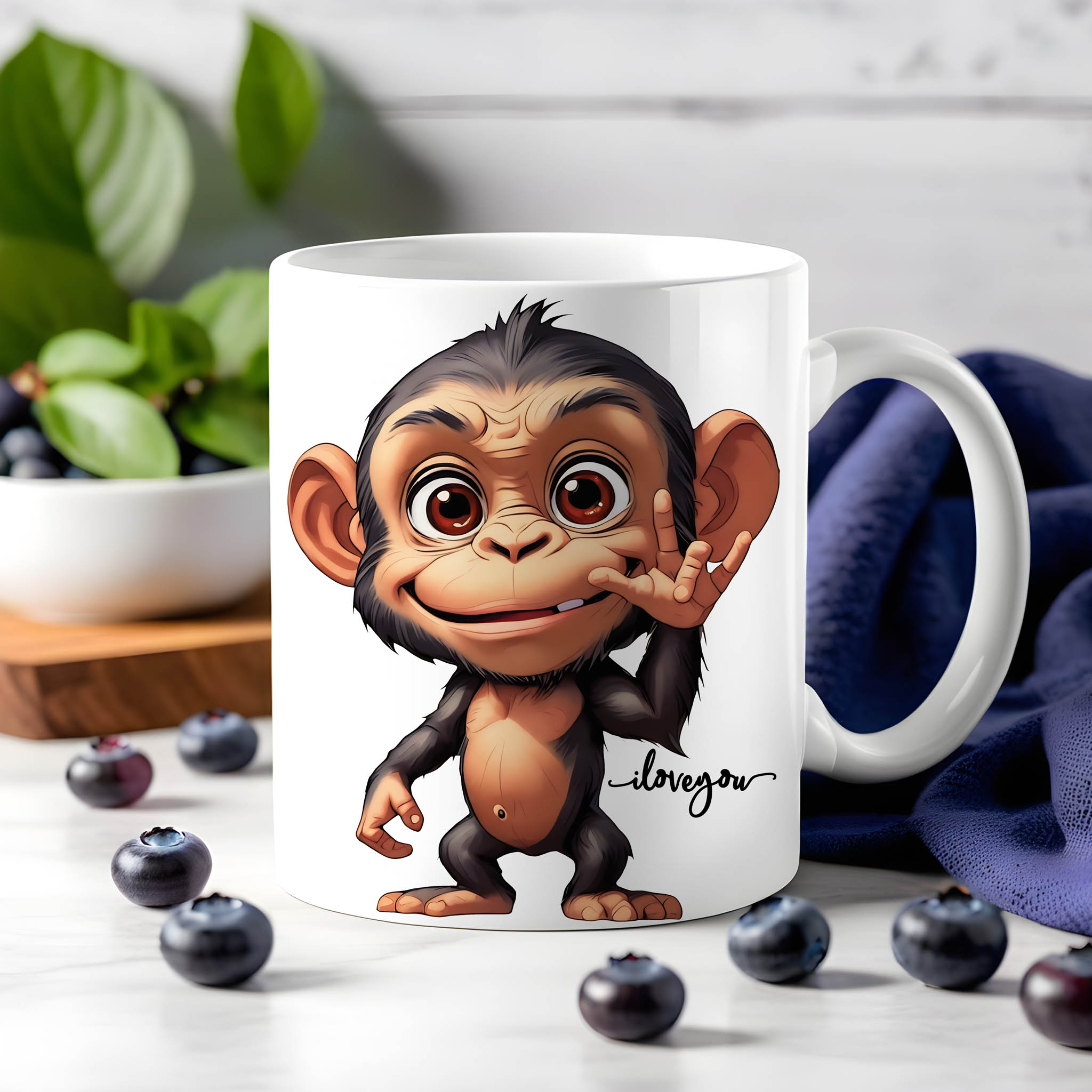 Cartoon Monkey ASL American Sign Language ILY I Love You Ceramic Mug, (11oz, 15oz)