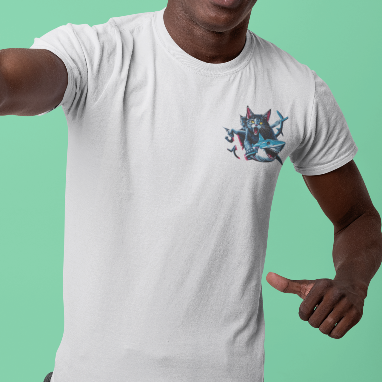 Cats, Sharks &amp; Lasers Unisex T-shirt - Fun Graphic Tee for Cat Lovers, Unique Gift Idea, Casual Wear, Birthday &amp; Pet Lover Gift product thumbnail image