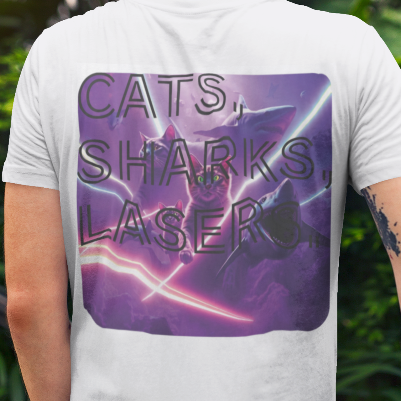 Cats, Sharks &amp; Lasers Unisex T-shirt - Fun Graphic Tee for Cat Lovers, Unique Gift Idea, Casual Wear, Birthday &amp; Pet Lover Gift product thumbnail image
