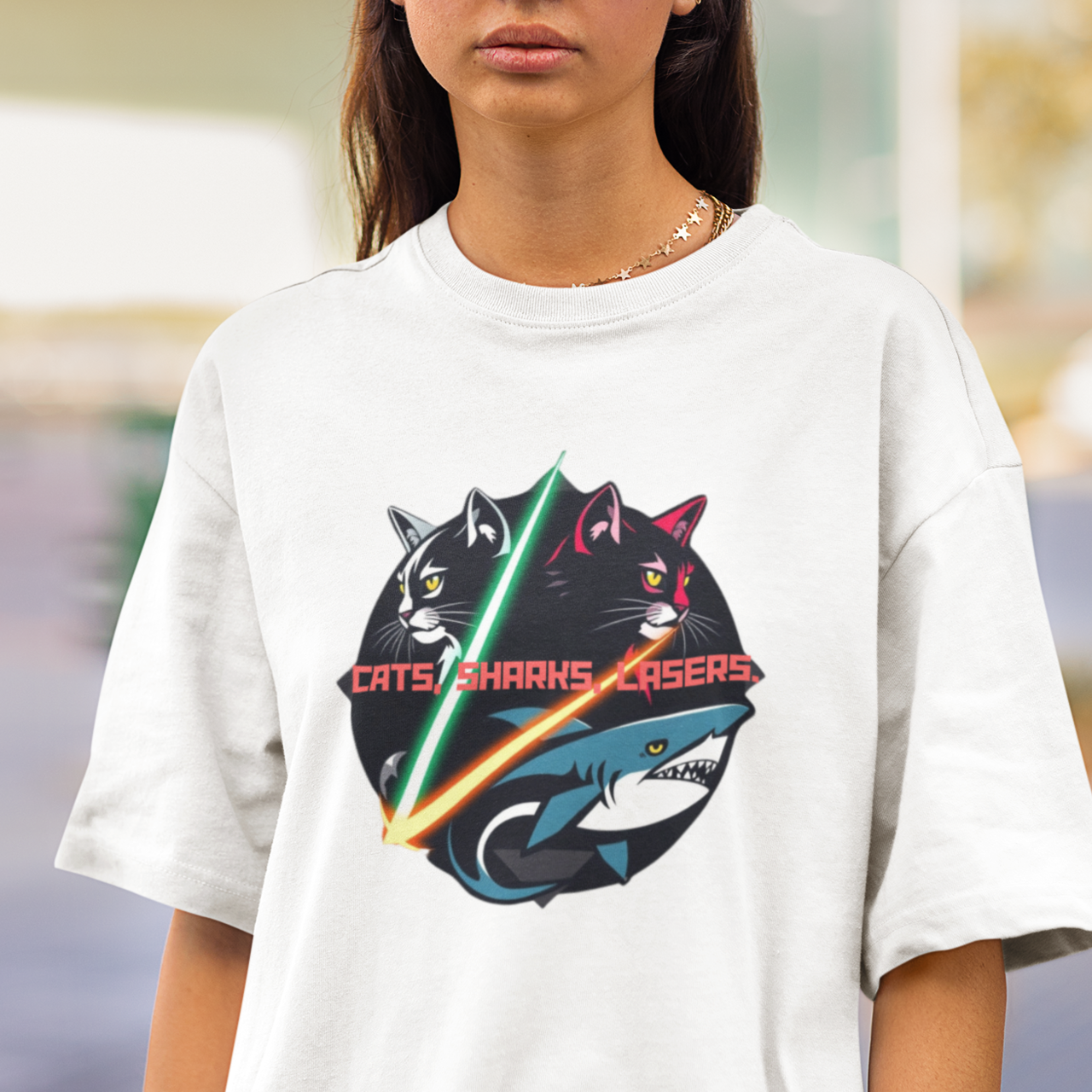 Cats, Sharks &amp; Lasers Unisex Garment-Dyed T-Shirt, Fun Graphic Tee for Animal Lovers, Unique Birthday Gift, Summer Essential, Casual Wear