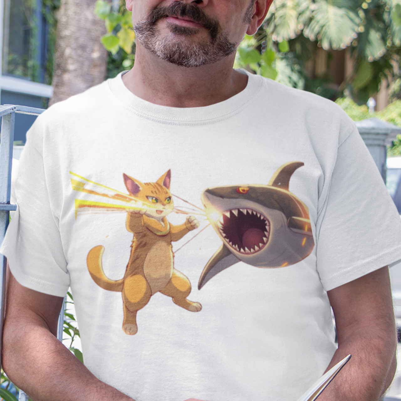Animal Lover Tee, Funny Graphic Shirt, Cat vs Shark Unisex T-shirt, Cool Cat Lady Gift, Laser Collection Top product thumbnail image