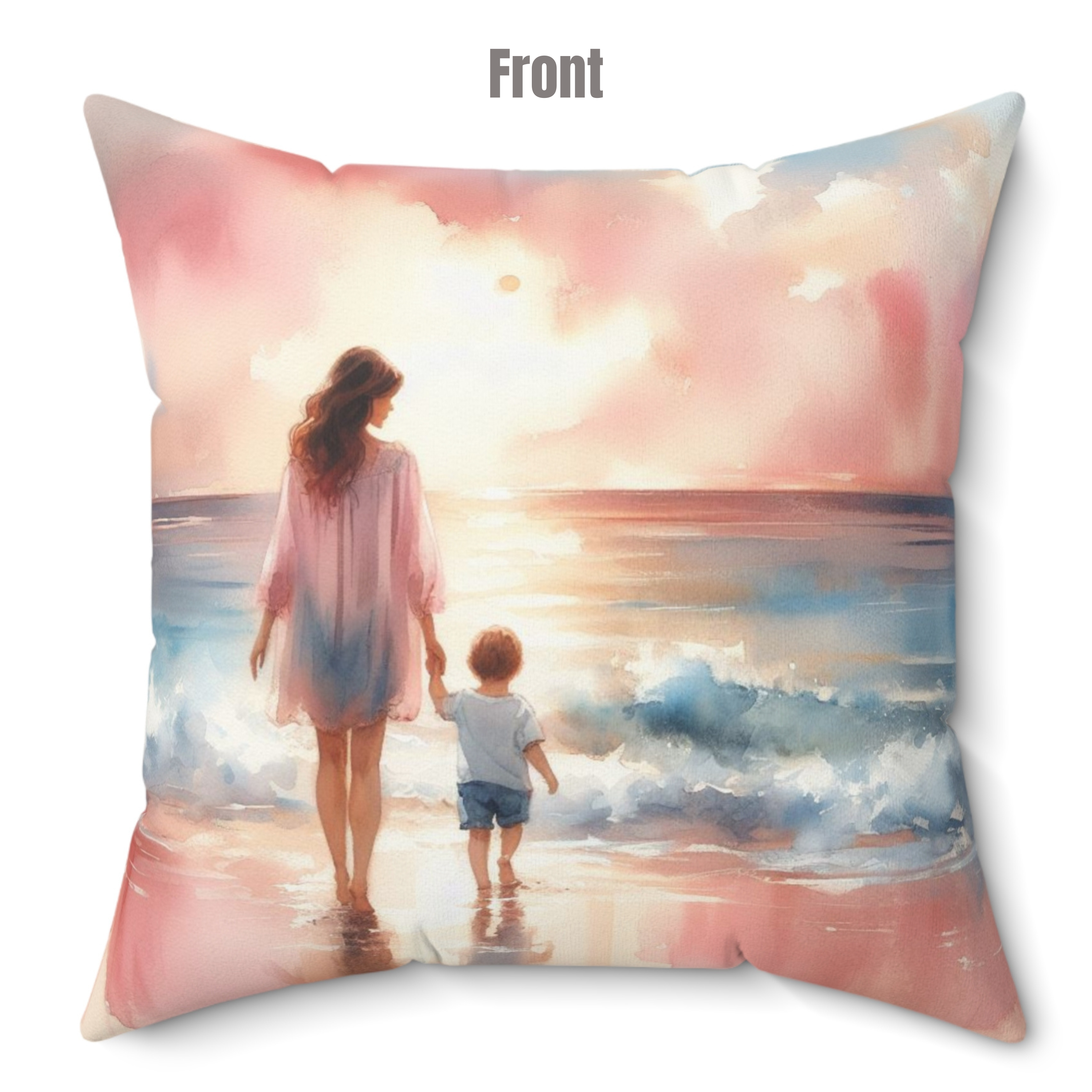Seaside Bond: Mother and Child Beach Day Spun Polyester Square Pillow, 4 sizes product thumbnail image Seaside Bond: Mother and Child Beach Day Spun Polyester Square Pillow, 4 sizes product thumbnail image