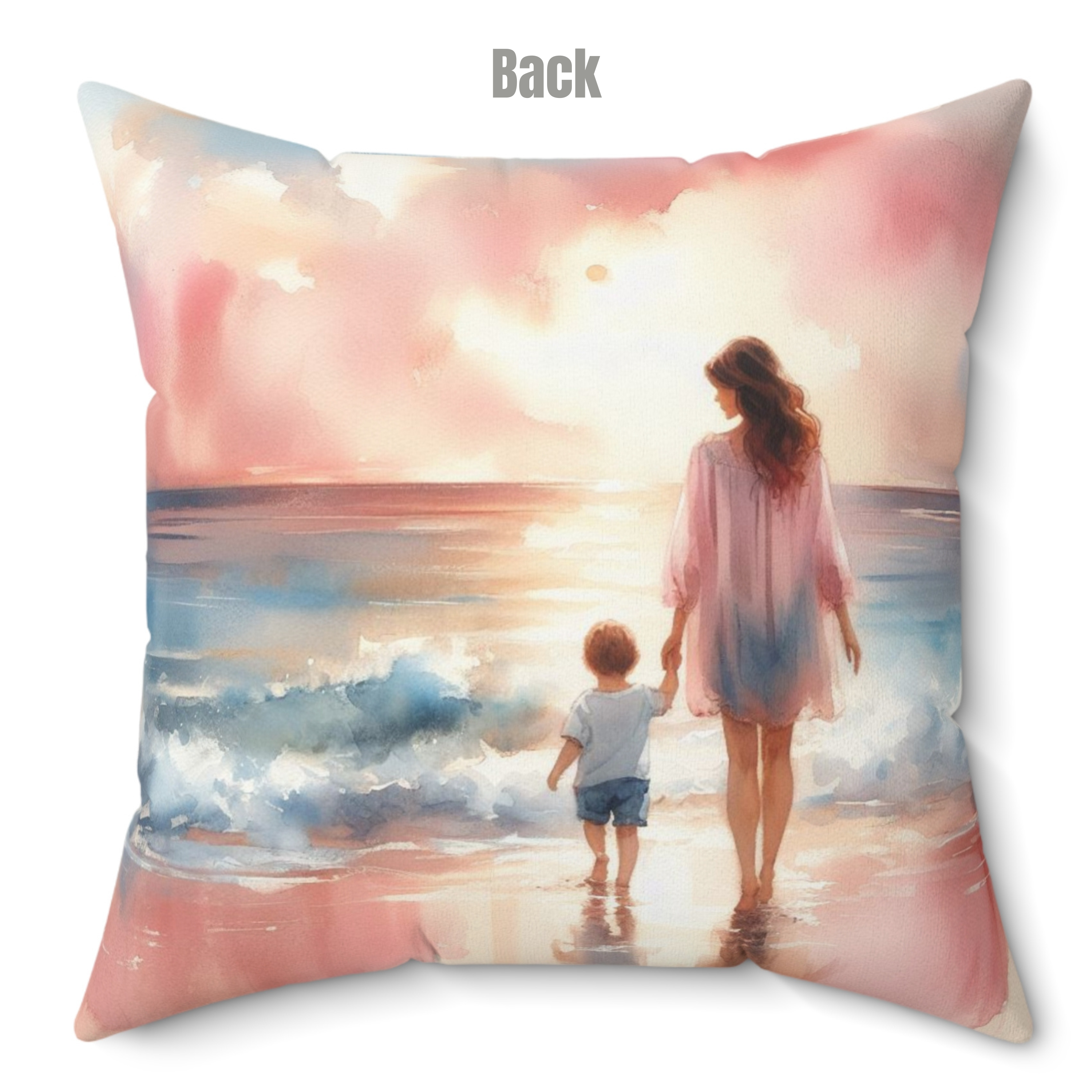 Seaside Bond: Mother and Child Beach Day Spun Polyester Square Pillow, 4 sizes product thumbnail image