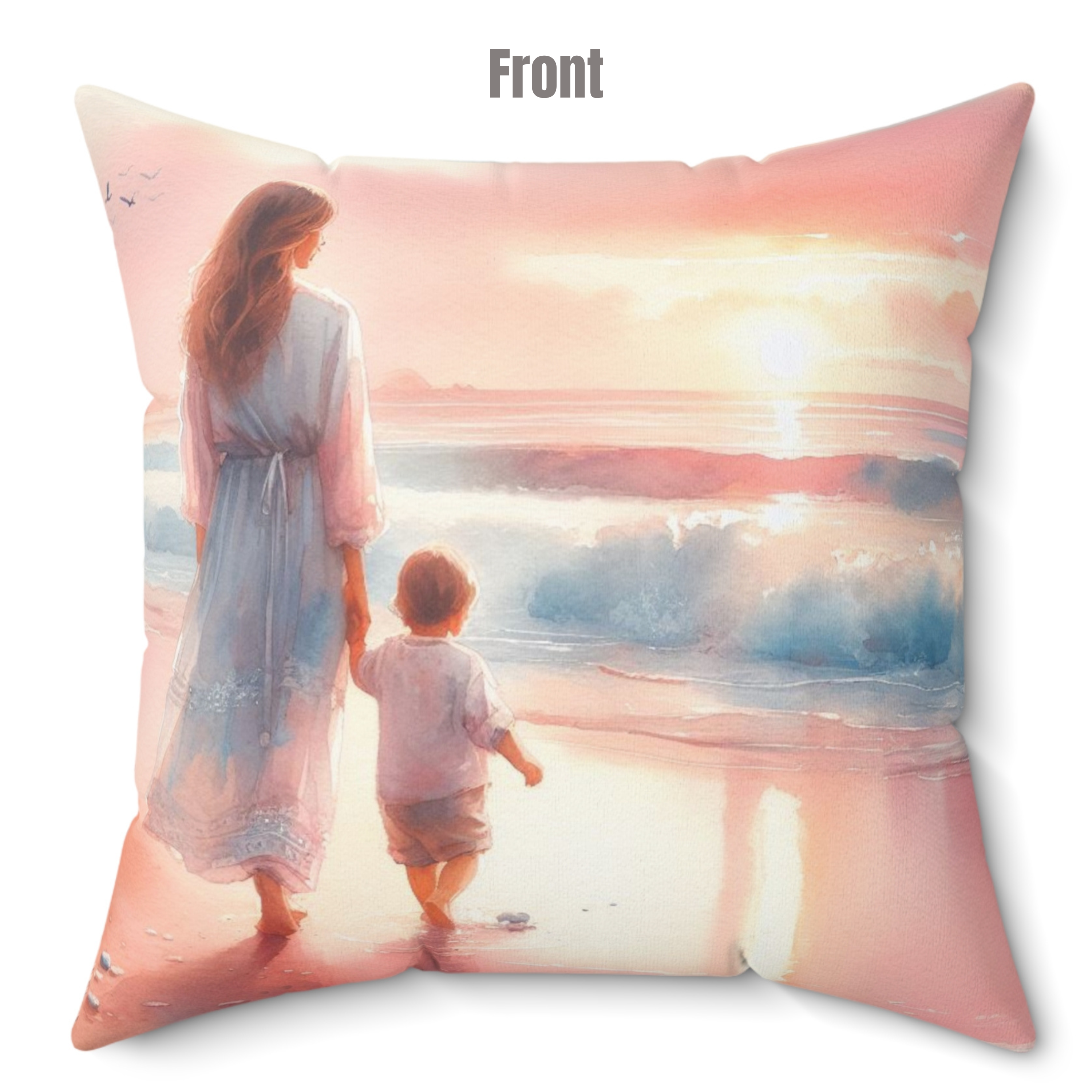 Seaside Bond: Mother and Child Beach Day Spun Polyester Square Pillow, 4 sizes product thumbnail image