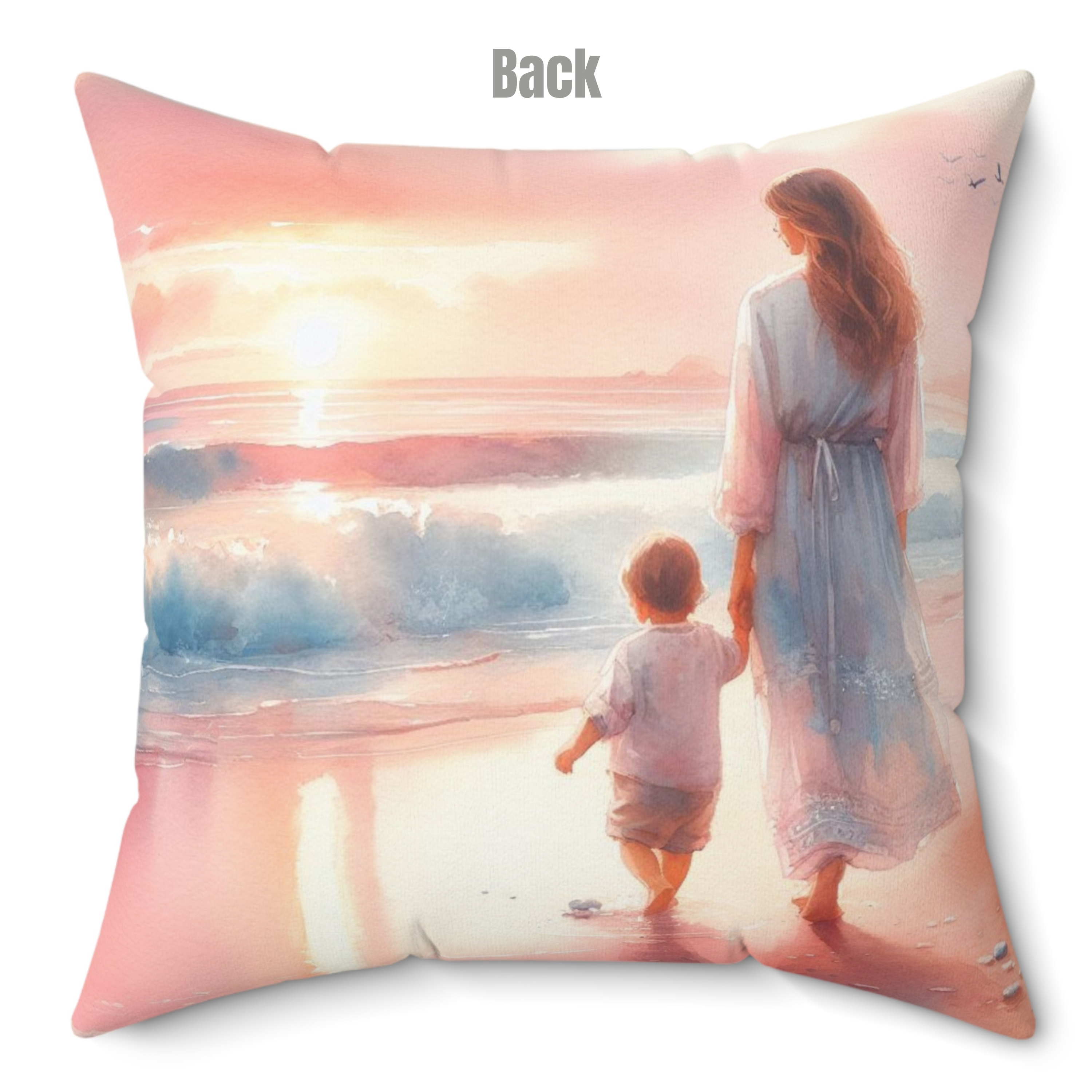 Seaside Bond: Mother and Child Beach Day Spun Polyester Square Pillow, 4 sizes product thumbnail image