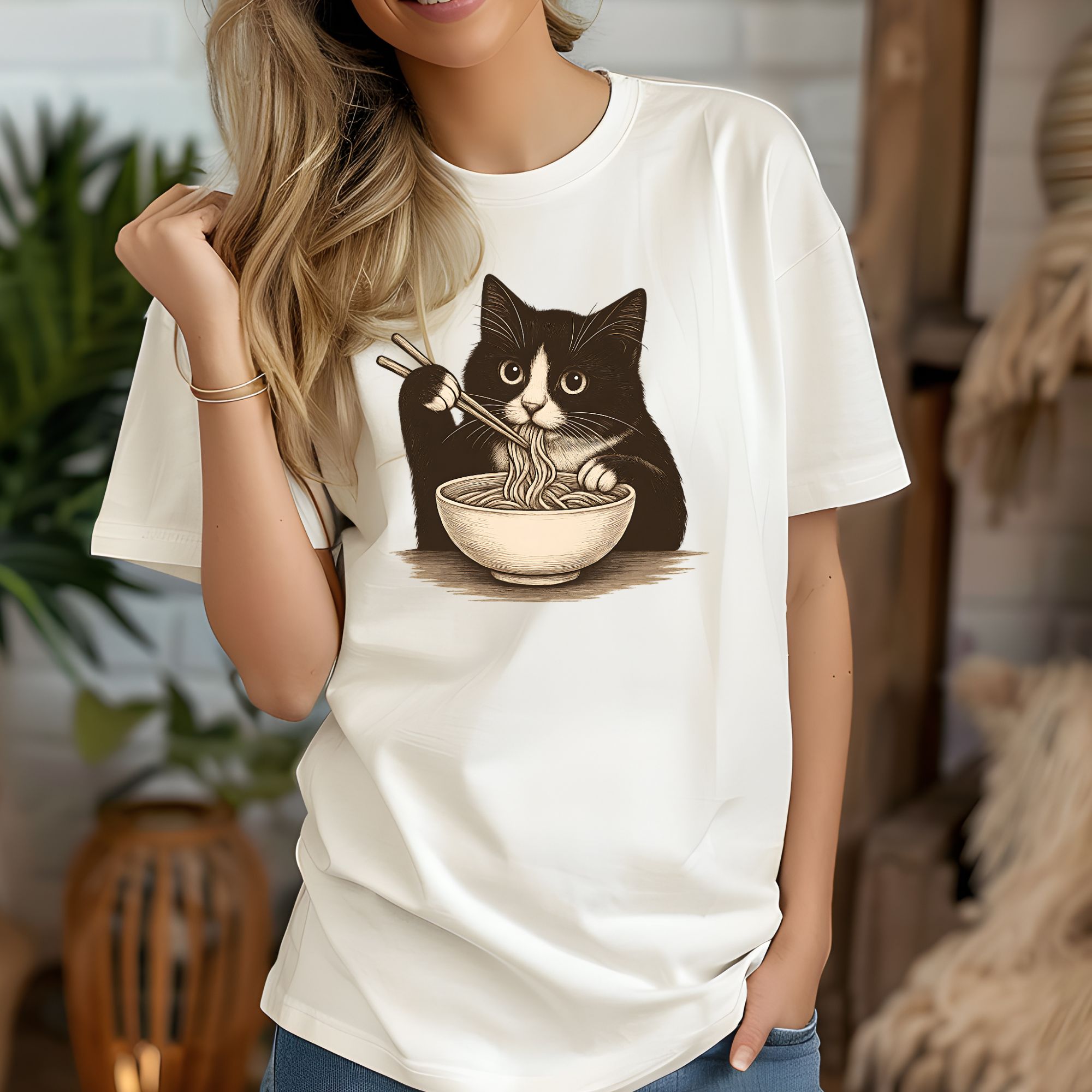 Cute Cat Eating Noodles T-Shirt - Perfect for Cat Lovers and Foodies product thumbnail image