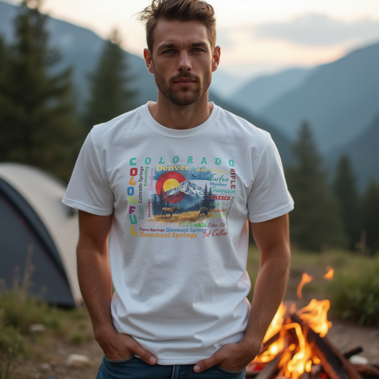 Colorado Cities T-Shirt – Colorful Colorado Graphic Tee with Mountain and Wildlife – State Souvenir Gift Shirt product thumbnail image