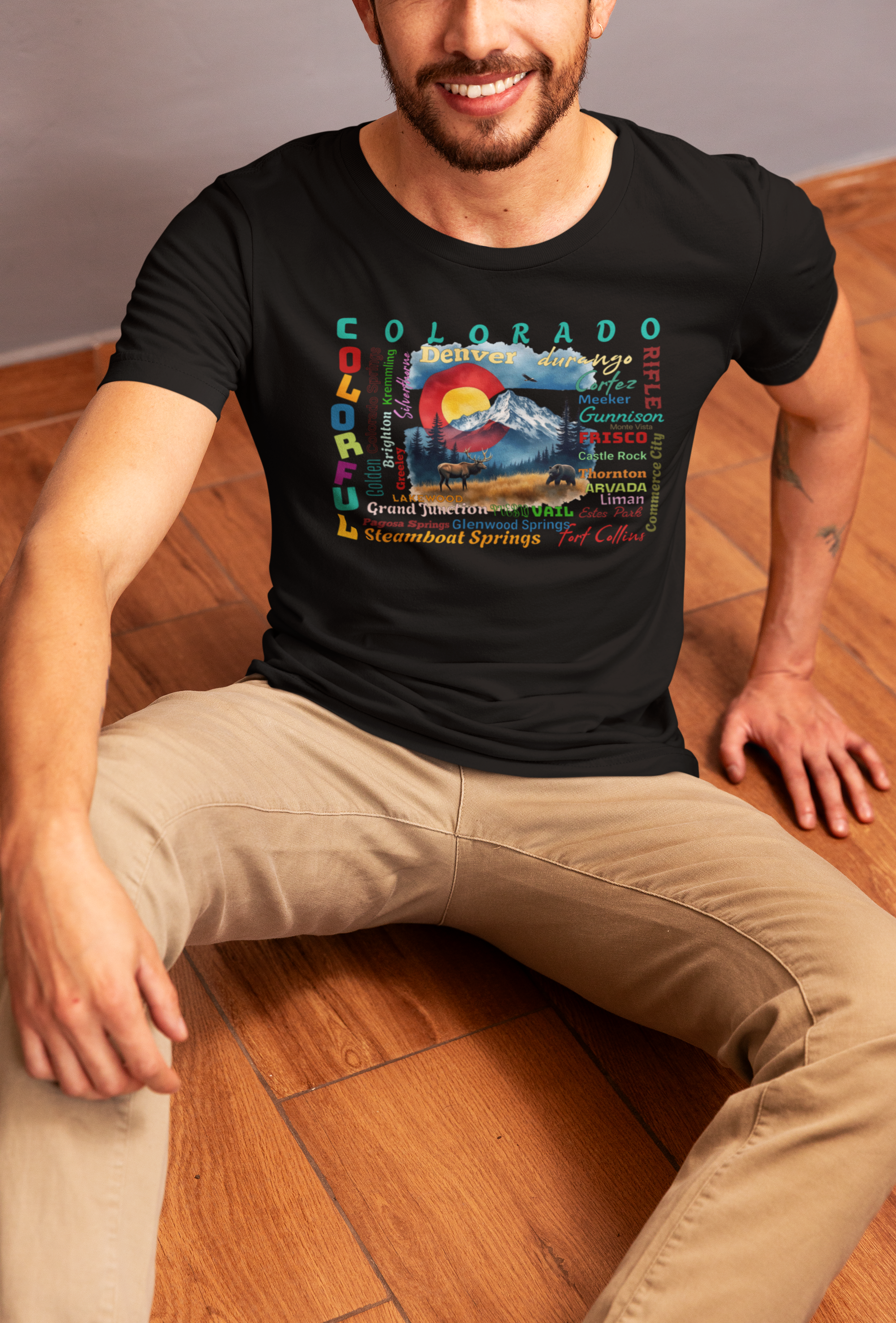 Colorado Cities T-Shirt – Colorful Colorado Graphic Tee with Mountain and Wildlife – State Souvenir Gift Shirt product thumbnail image