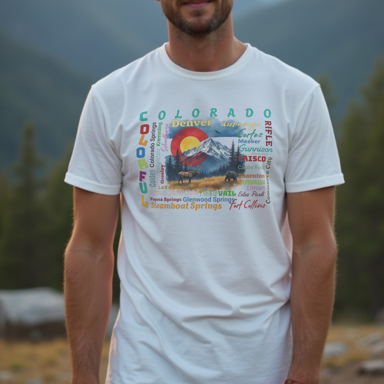 Colorado Cities T-Shirt – Colorful Colorado Graphic Tee with Mountain and Wildlife – State Souvenir Gift Shirt product thumbnail image
