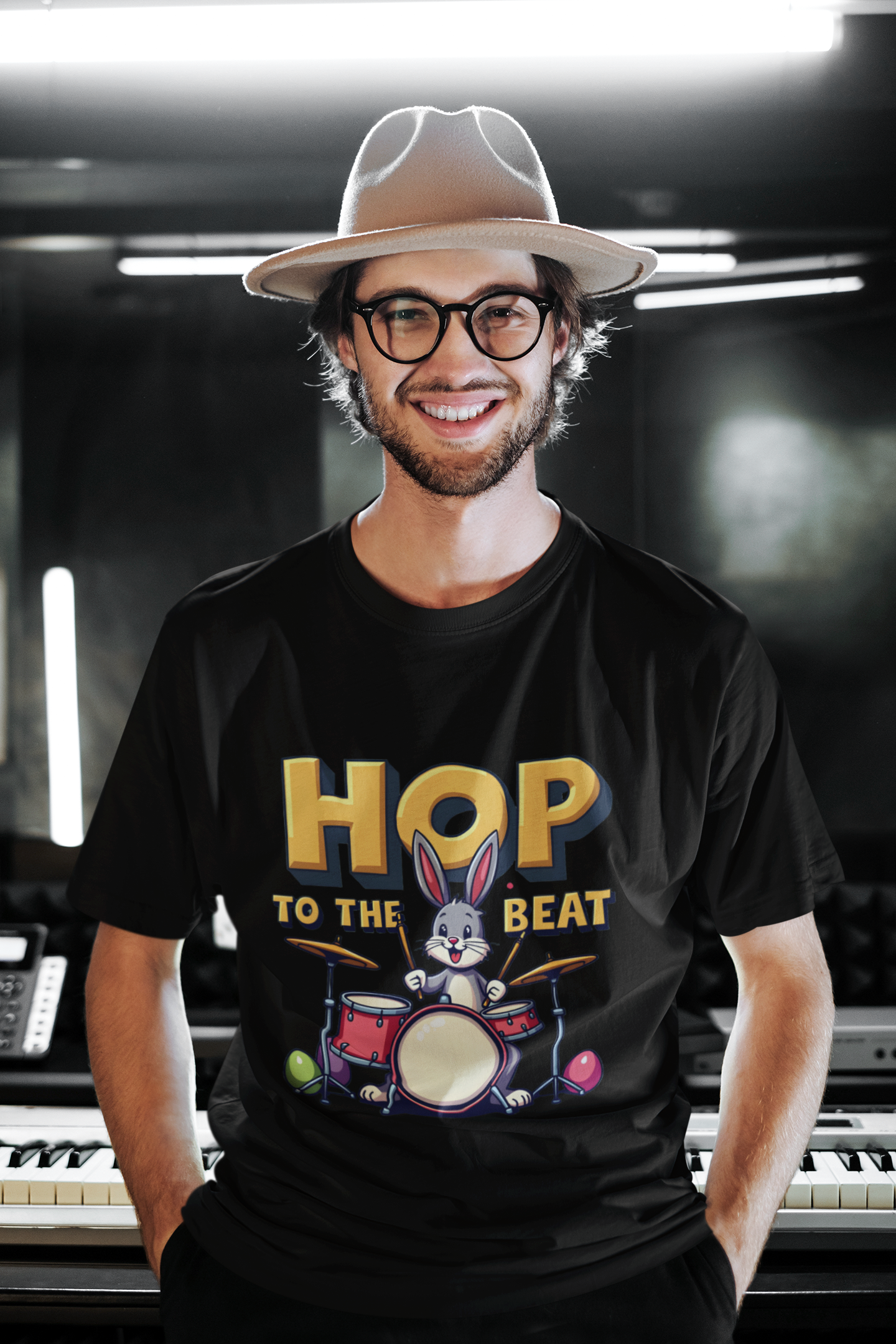 Hop to the Beat T-Shirt | Unisex Softstyle Bunny Drummer Tee Hop to the Beat T-Shirt | Unisex Softstyle Bunny Drummer Tee