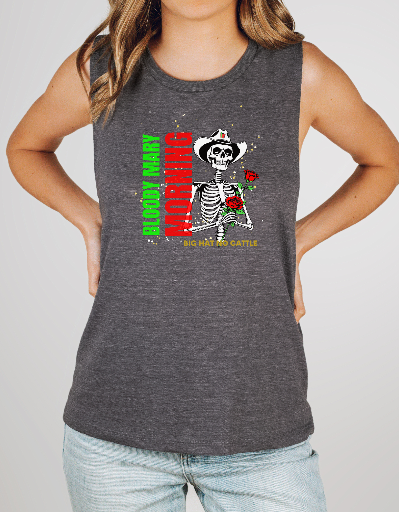 Big Hat No Cattle Bloody Mary Morning Flowy Scoop Muscle Tank - Lively Floral Skull Design Big Hat No Cattle Bloody Mary Morning Flowy Scoop Muscle Tank - Lively Floral Skull Design