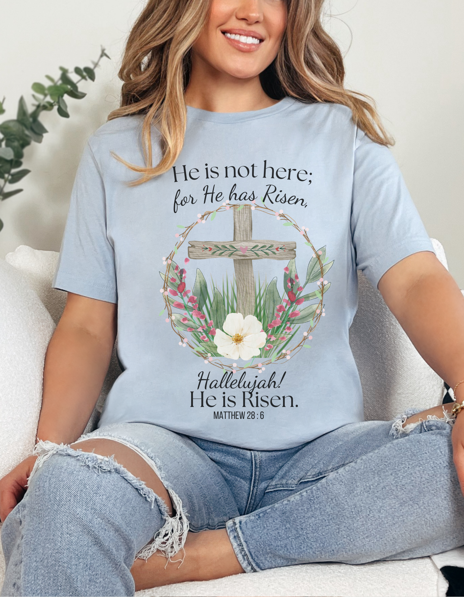 Faith-Based Women’s Shirt – “He Has Risen” with Flowers & Cross product thumbnail image Faith-Based Women’s Shirt – “He Has Risen” with Flowers & Cross product thumbnail image