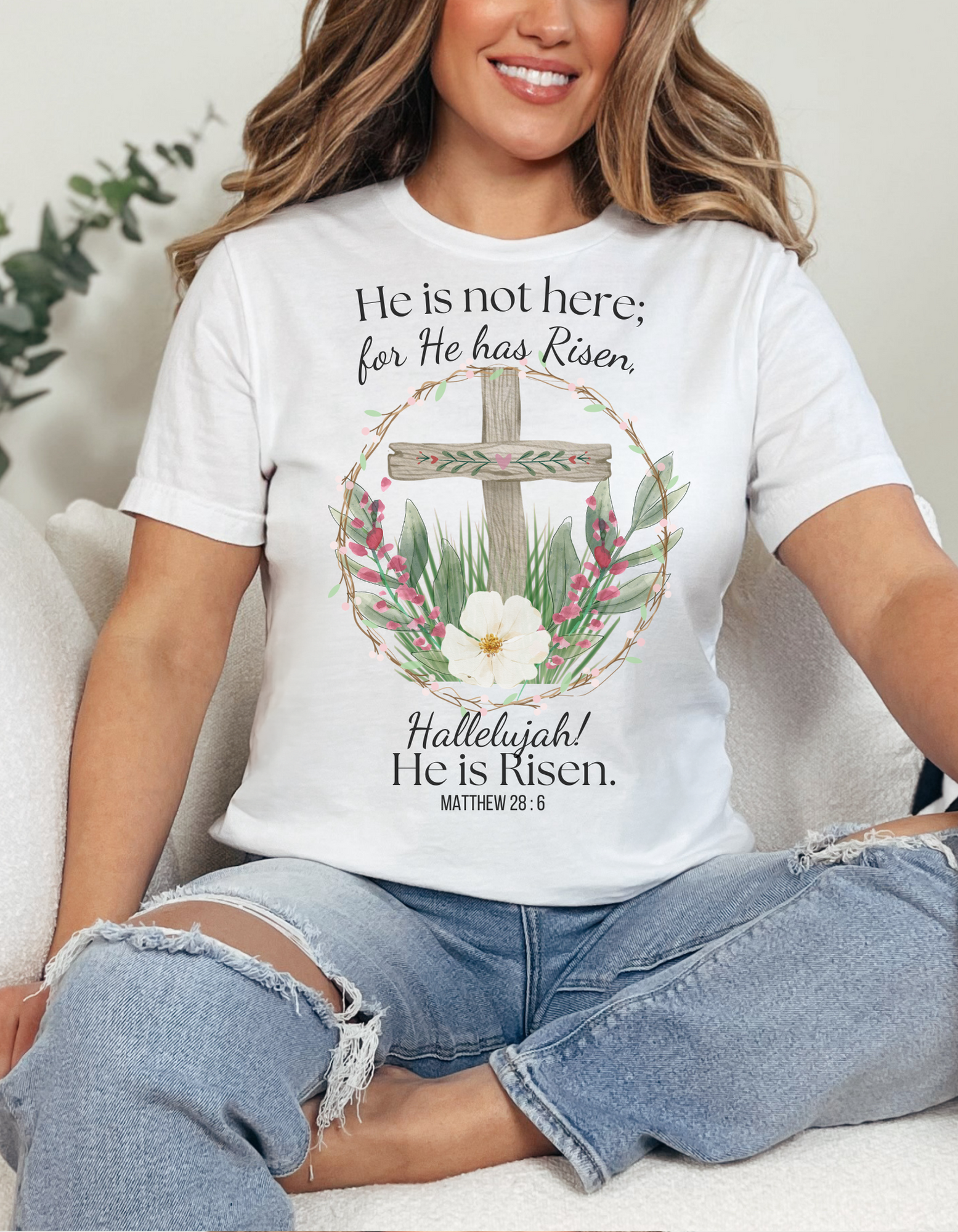 Faith-Based Women’s Shirt – “He Has Risen” with Flowers & Cross product thumbnail image Faith-Based Women’s Shirt – “He Has Risen” with Flowers & Cross product thumbnail image