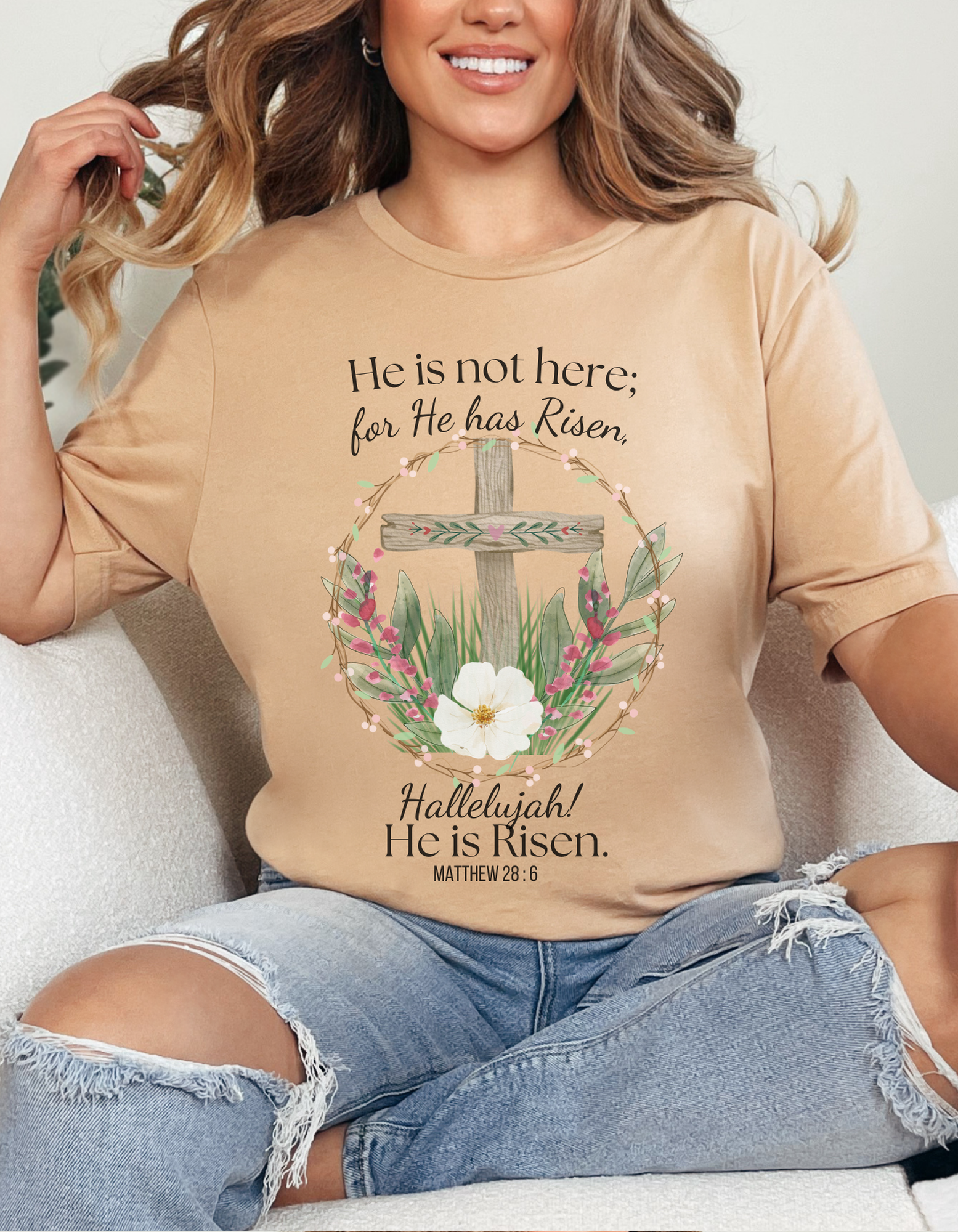 Faith-Based Women’s Shirt – “He Has Risen” with Flowers &amp; Cross product thumbnail image
