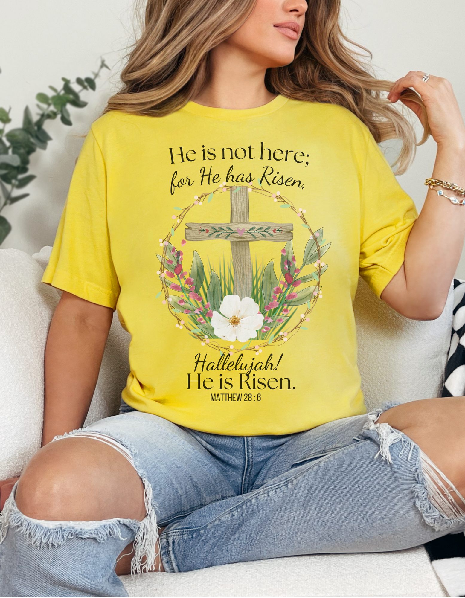 Faith-Based Women’s Shirt – “He Has Risen” with Flowers & Cross product thumbnail image Faith-Based Women’s Shirt – “He Has Risen” with Flowers & Cross product thumbnail image