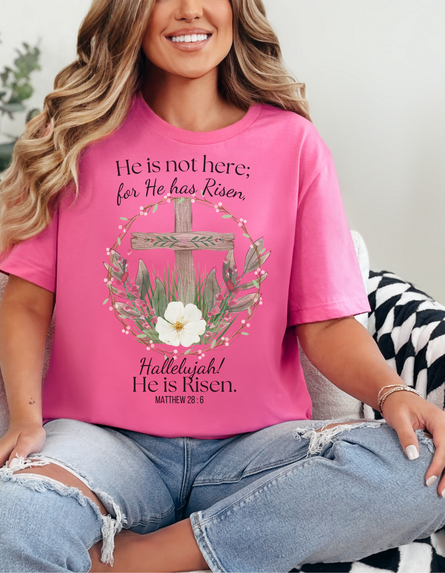 Faith-Based Women’s Shirt – “He Has Risen” with Flowers & Cross product thumbnail image Faith-Based Women’s Shirt – “He Has Risen” with Flowers & Cross product thumbnail image