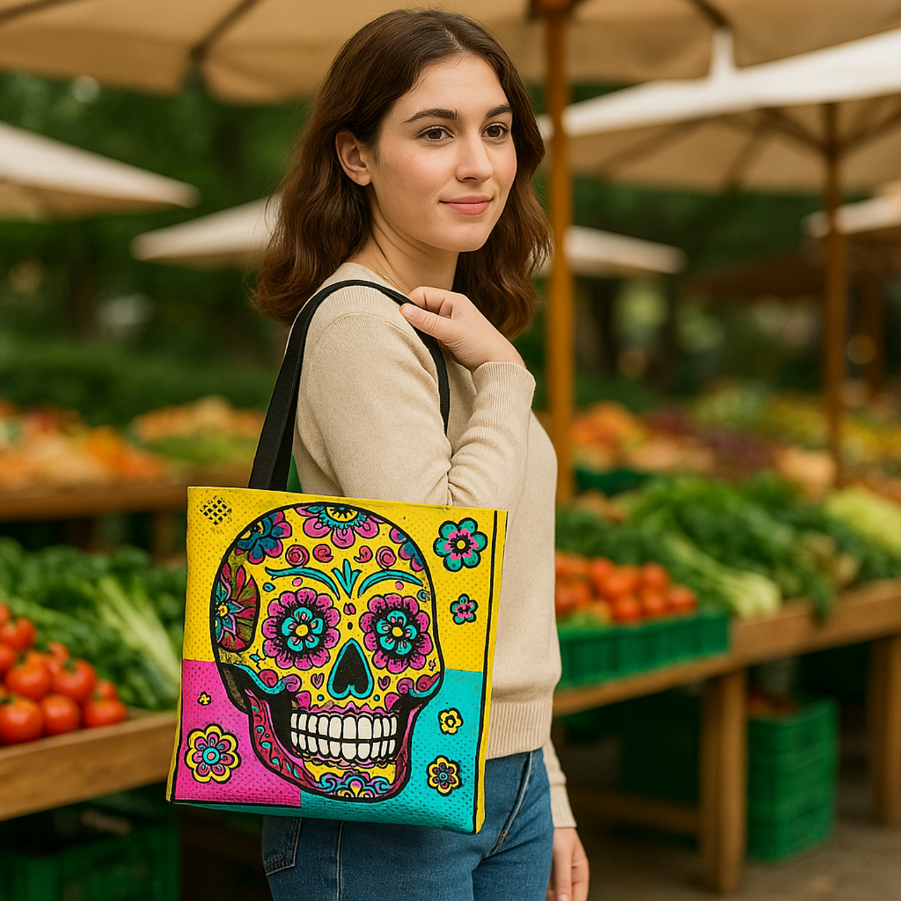 Colorful Dia de los Muertos Tote Bag - Sugar Skull Design product thumbnail image Colorful Dia de los Muertos Tote Bag - Sugar Skull Design product thumbnail image