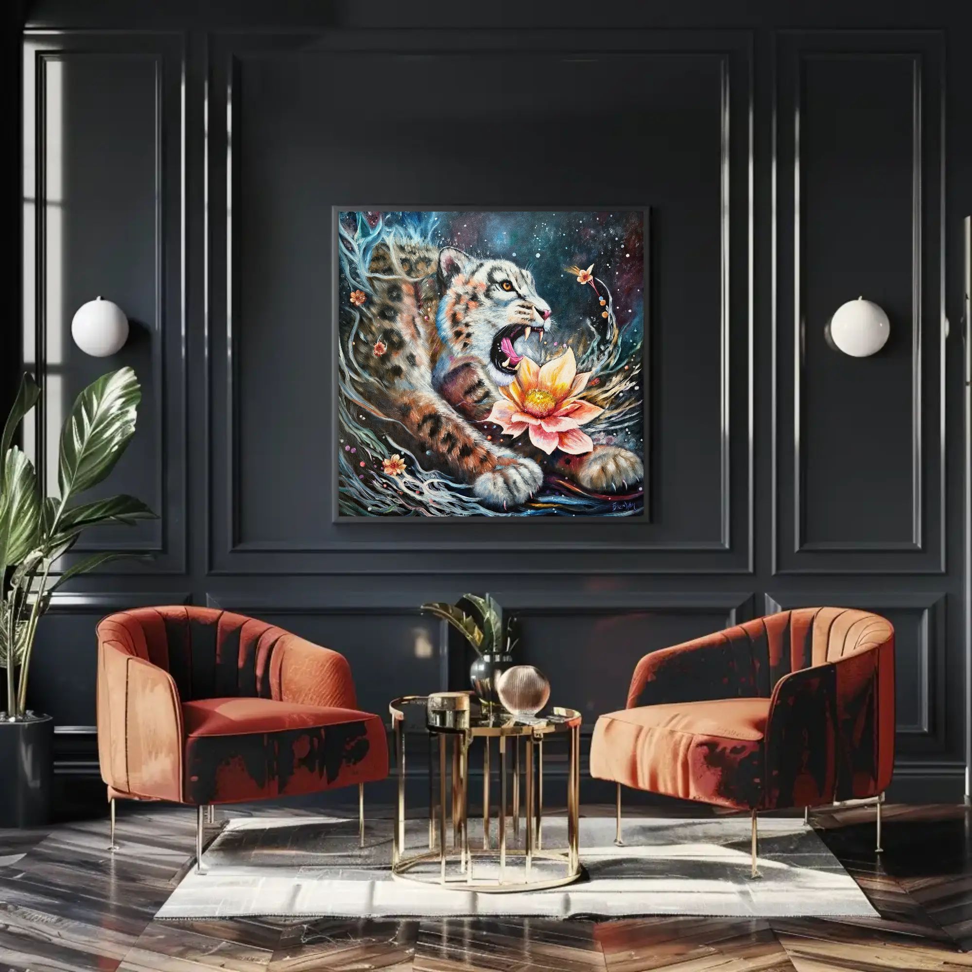 Fierce Snow Leopard Cat Flower Canvas Art - Stretched Matte Home Decor product thumbnail image