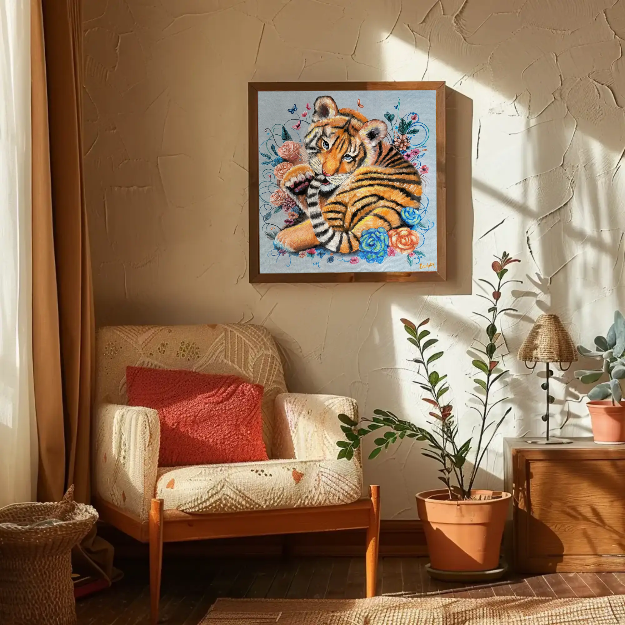 Whimsical Tiger Flower Swirls Canvas Art - Stretched Matte Home Decor