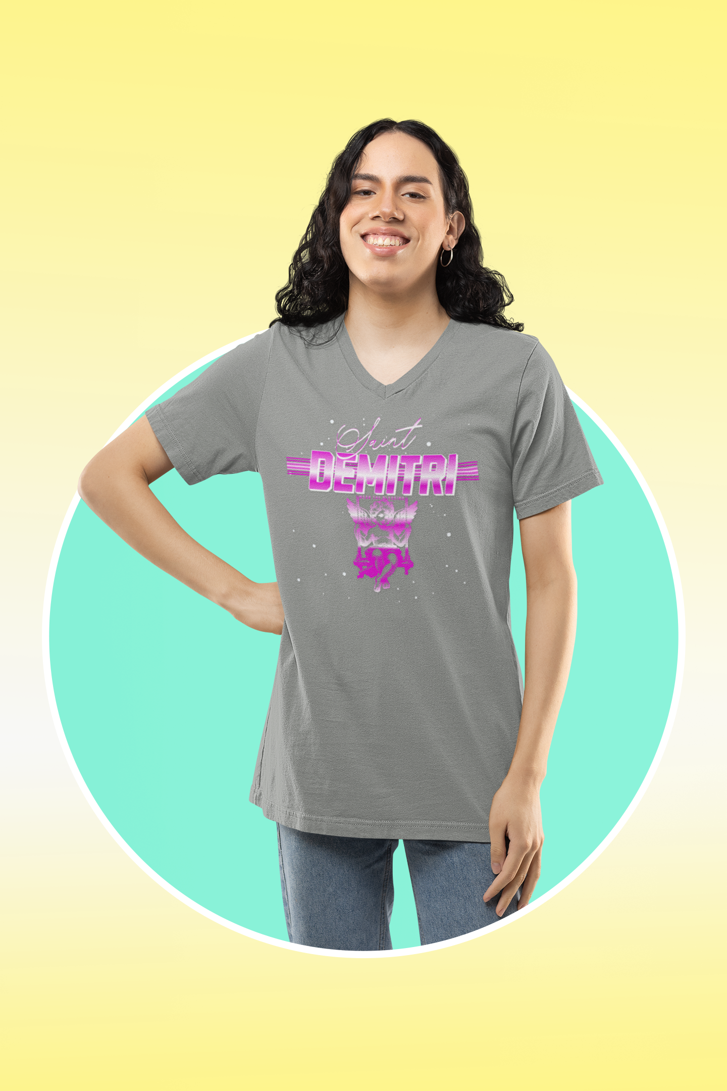 Saint Demitri Swinging Angel V-Neck Tee - Stylish Graphic Tee for Casual Vibes product thumbnail image Saint Demitri Swinging Angel V-Neck Tee - Stylish Graphic Tee for Casual Vibes product thumbnail image