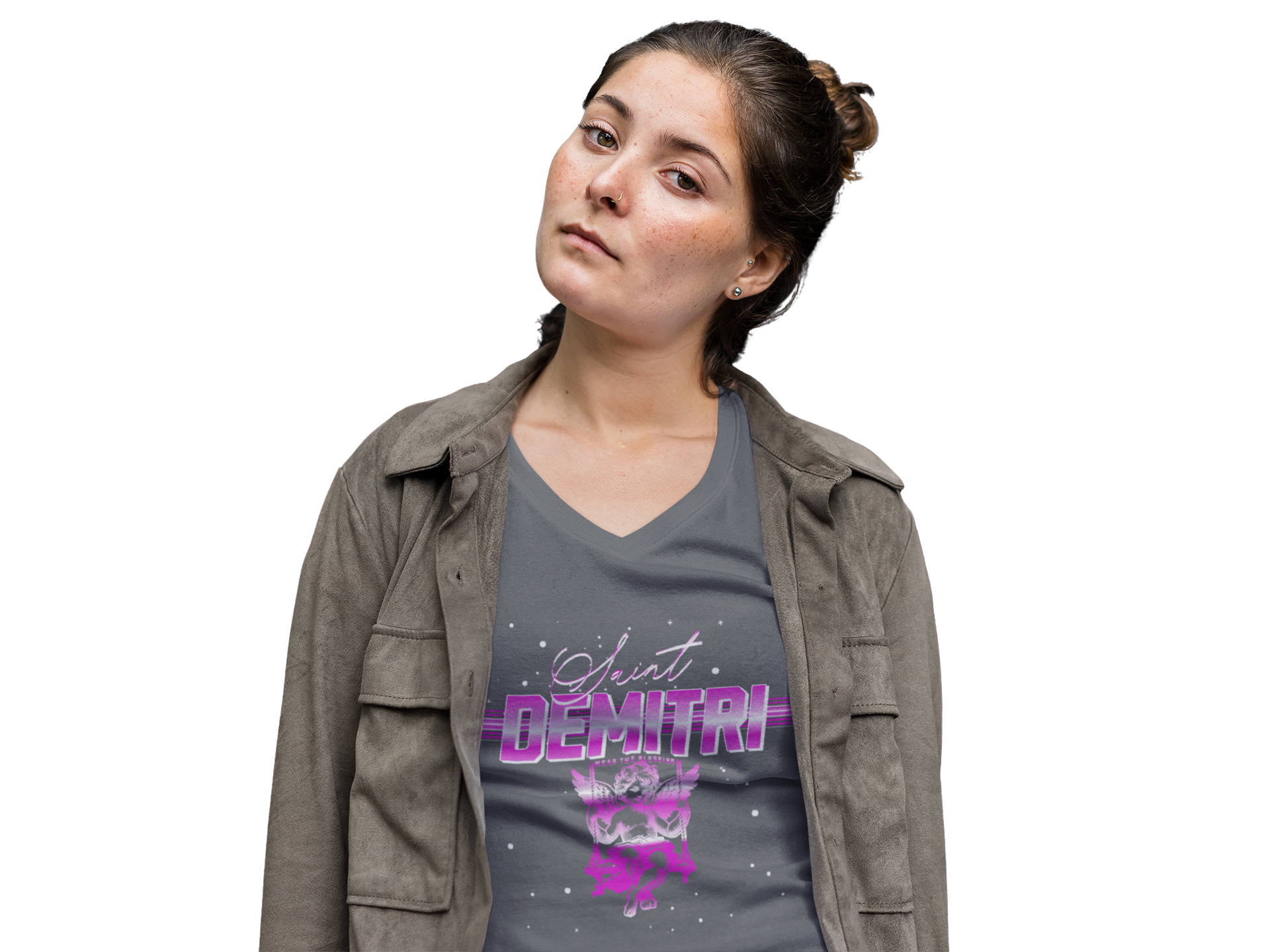 Saint Demitri Swinging Angel V-Neck Tee - Stylish Graphic Tee for Casual Vibes product thumbnail image Saint Demitri Swinging Angel V-Neck Tee - Stylish Graphic Tee for Casual Vibes product thumbnail image