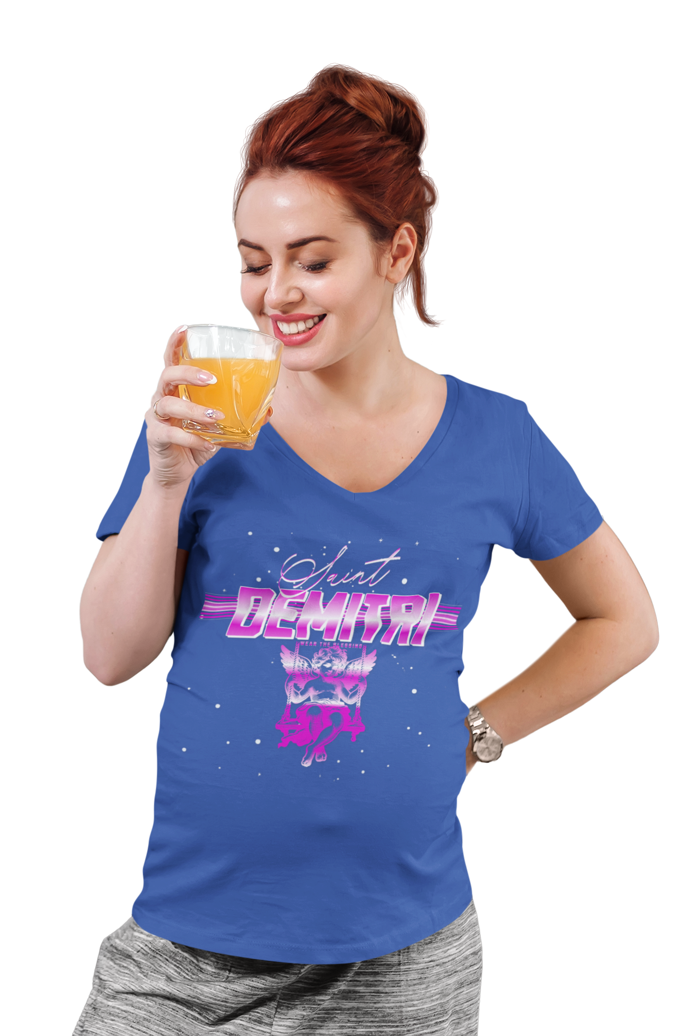 Saint Demitri Swinging Angel V-Neck Tee - Stylish Graphic Tee for Casual Vibes product thumbnail image Saint Demitri Swinging Angel V-Neck Tee - Stylish Graphic Tee for Casual Vibes product thumbnail image