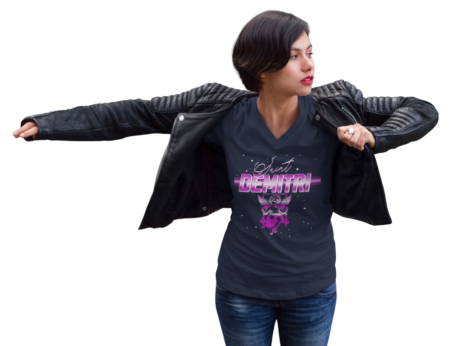 Saint Demitri Swinging Angel V-Neck Tee - Stylish Graphic Tee for Casual Vibes product thumbnail image Saint Demitri Swinging Angel V-Neck Tee - Stylish Graphic Tee for Casual Vibes product thumbnail image