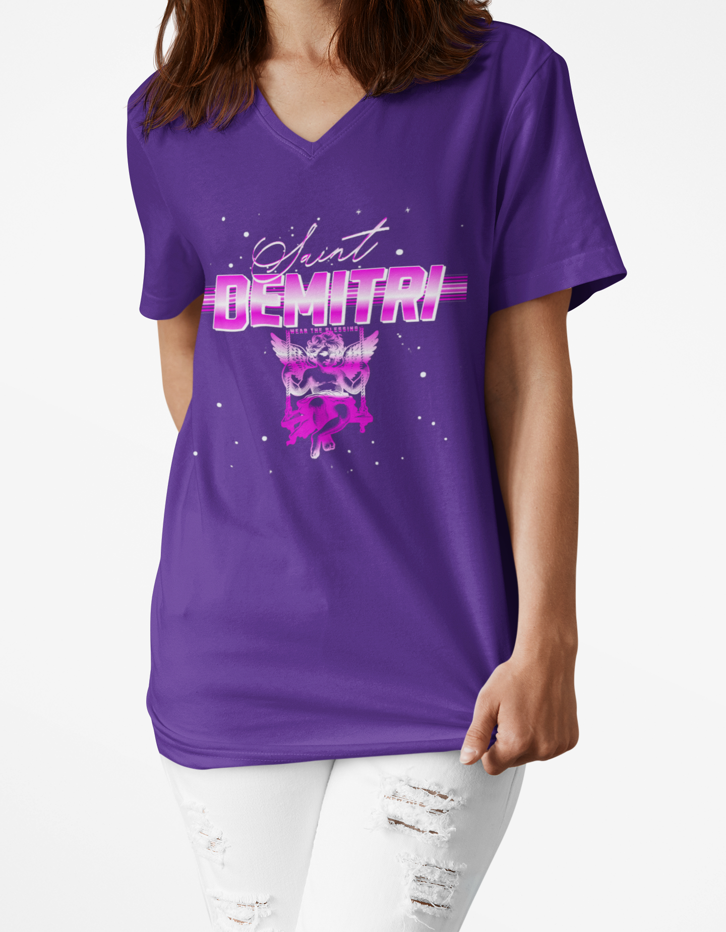 Saint Demitri Swinging Angel V-Neck Tee - Stylish Graphic Tee for Casual Vibes product thumbnail image Saint Demitri Swinging Angel V-Neck Tee - Stylish Graphic Tee for Casual Vibes product thumbnail image