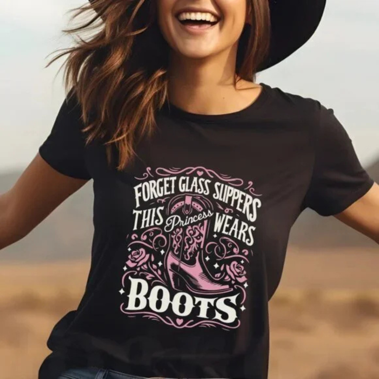Western Princess Wears Cowboy Boots Black Short Sleeve Graphic Tee Western Princess Wears Cowboy Boots Black Short Sleeve Graphic Tee