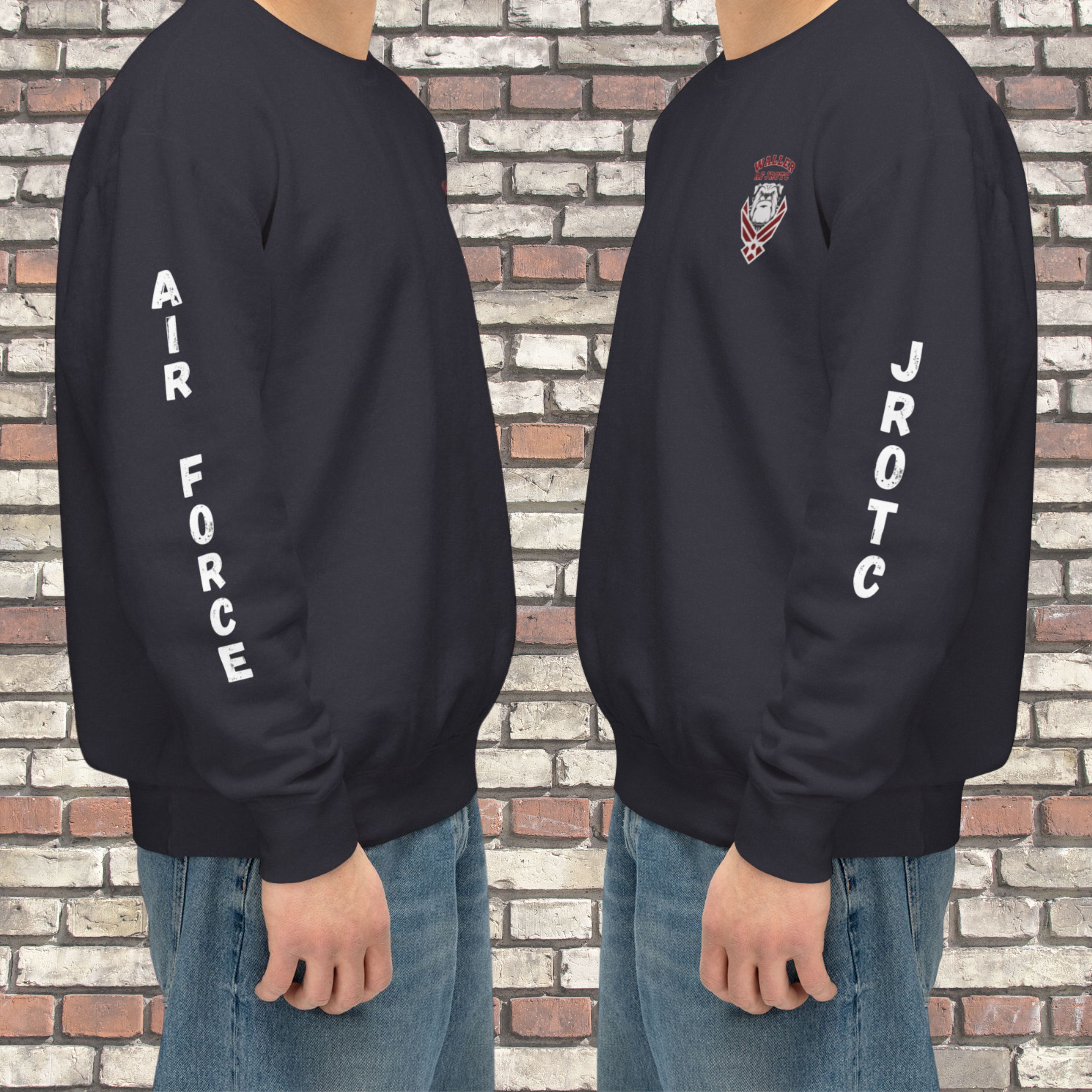 Waller High School Comfort Colors Sweatshirt - Bulldog Air Force Logo on front-pocket size, ‘AIR FORCE’ On Right Sleeve &amp; ‘JROTC’ on Left Sleeve