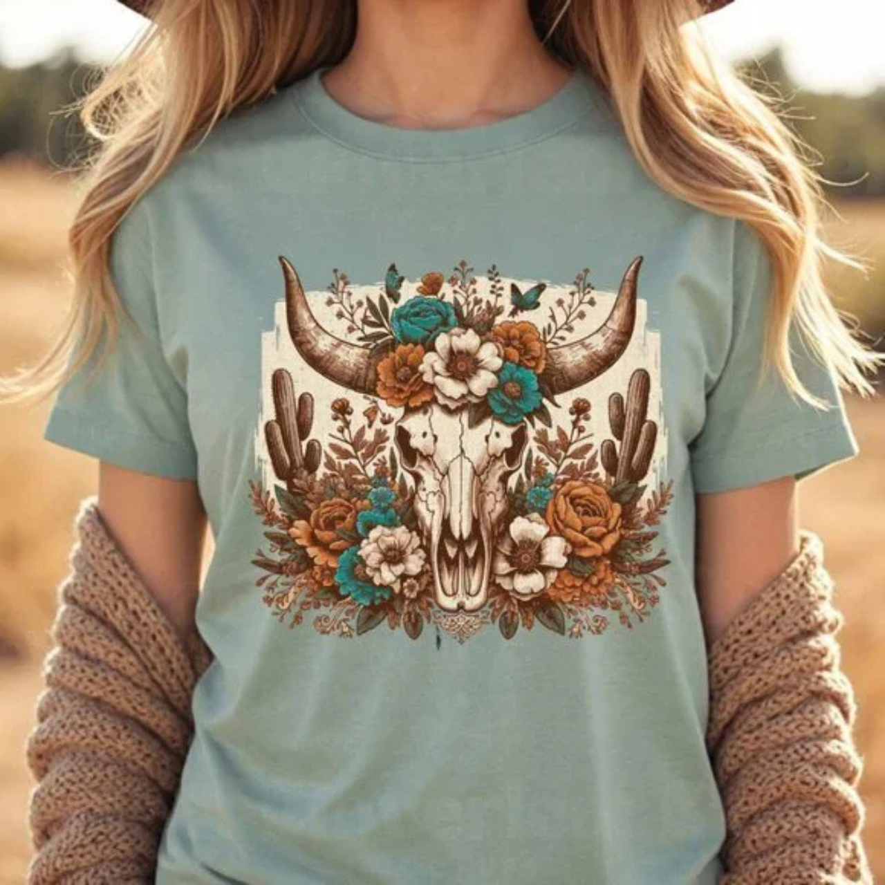 Western Desert Bohemian Longhorn Floral Short Sleeve T-Shirt Western Desert Bohemian Longhorn Floral Short Sleeve T-Shirt